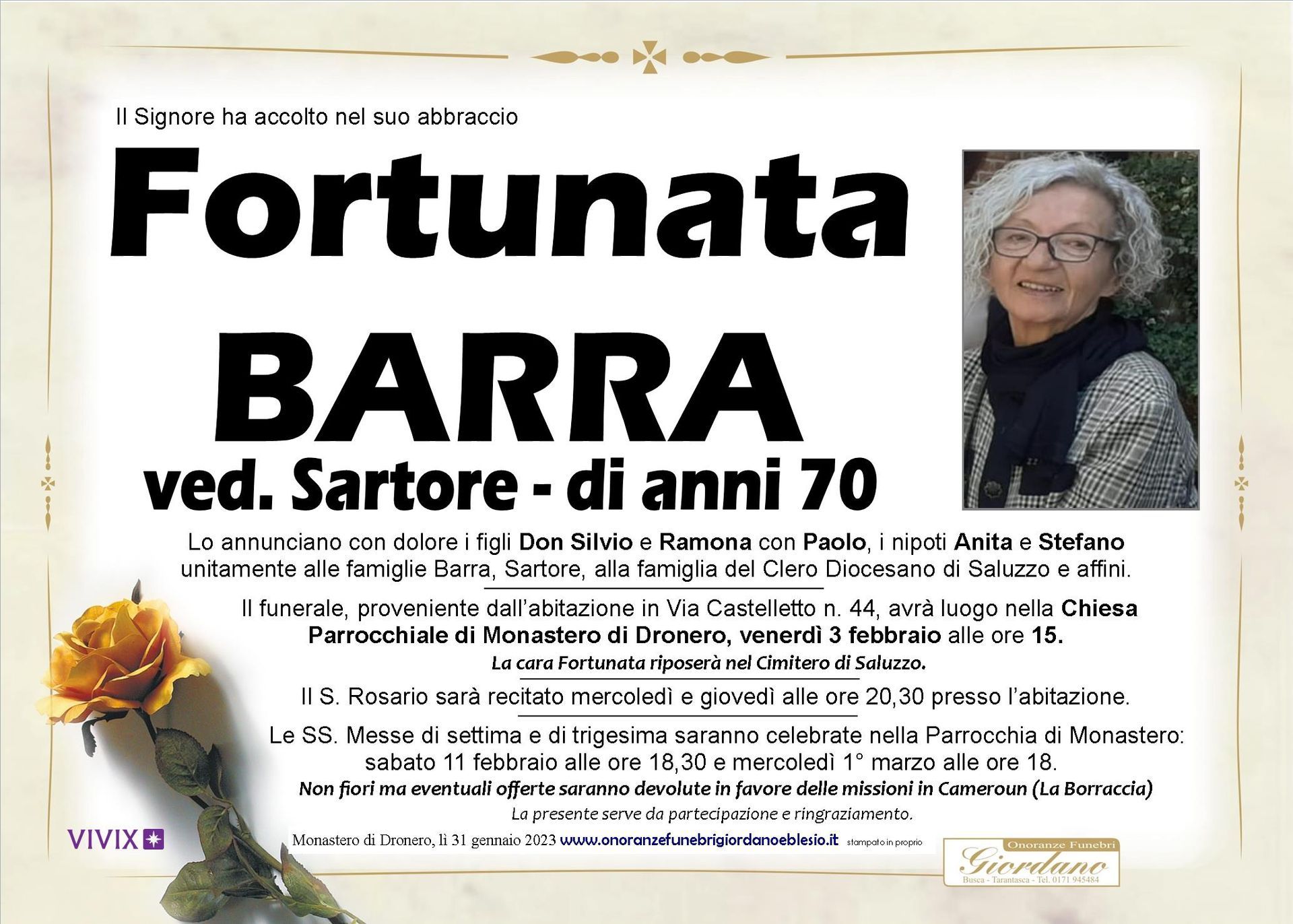 necrologio BARRA Fortunata ved. Sartore