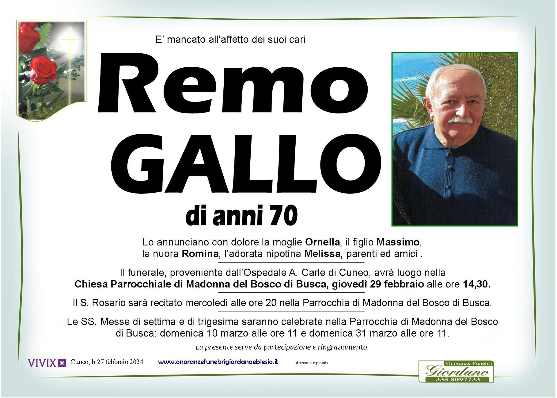 necrologio GALLO Remo