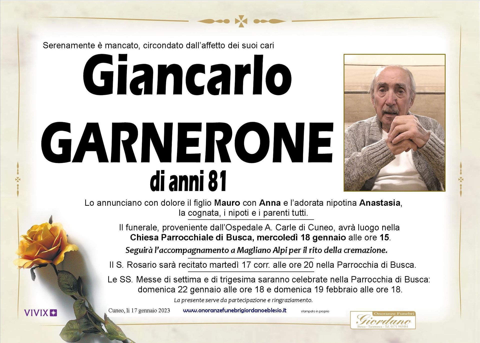 necrologio GARNERONE Giancarlo