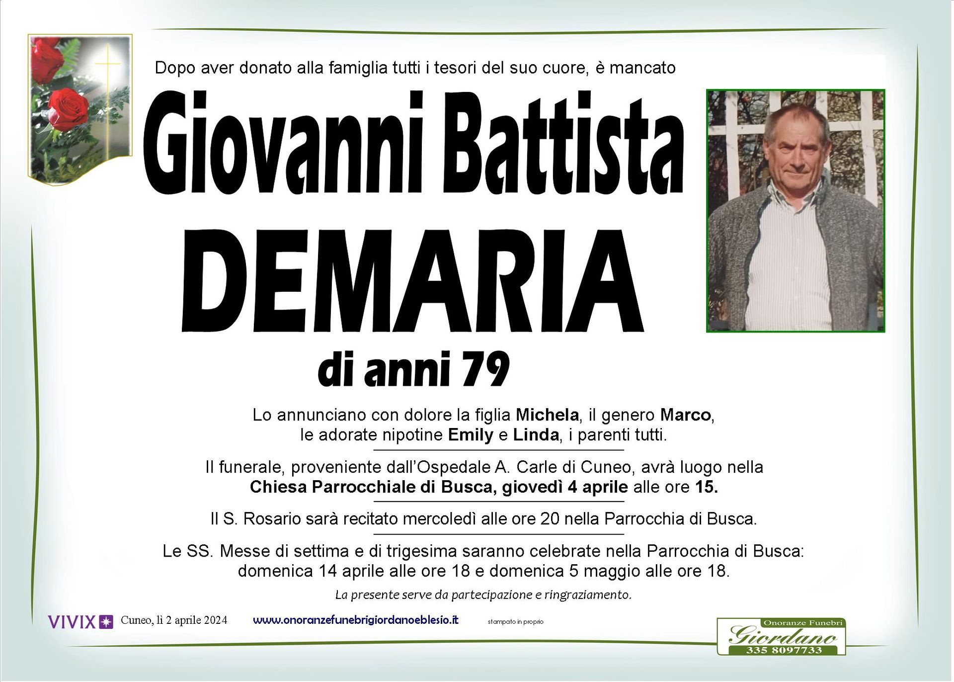 necrologio DEMARIA Giovanni Battista