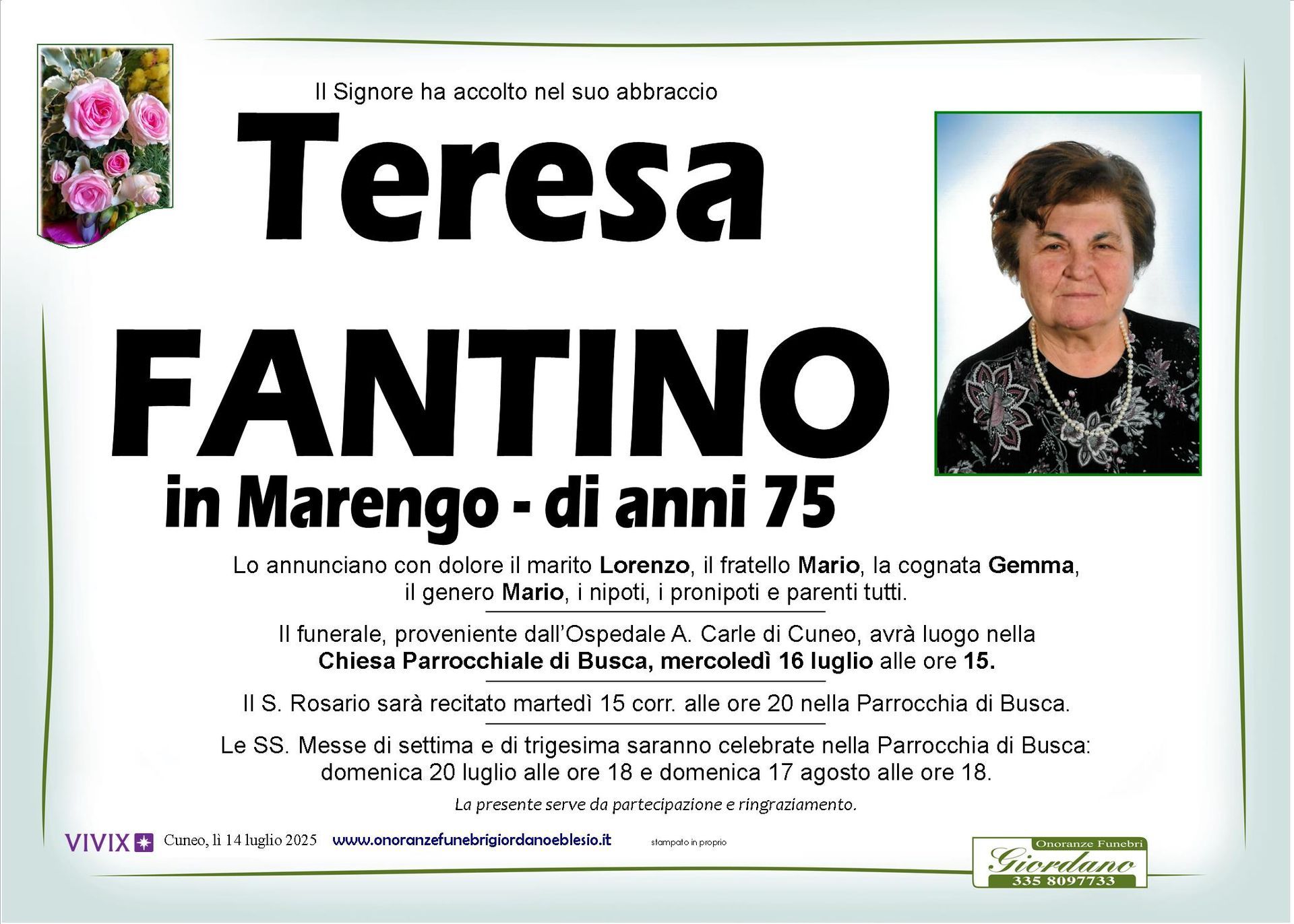necrologio FANTINO Teresa in Marengo