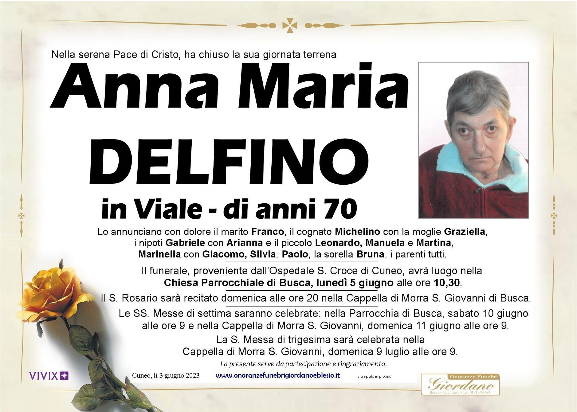 necrologio DELFINO Anna Maria in Viale