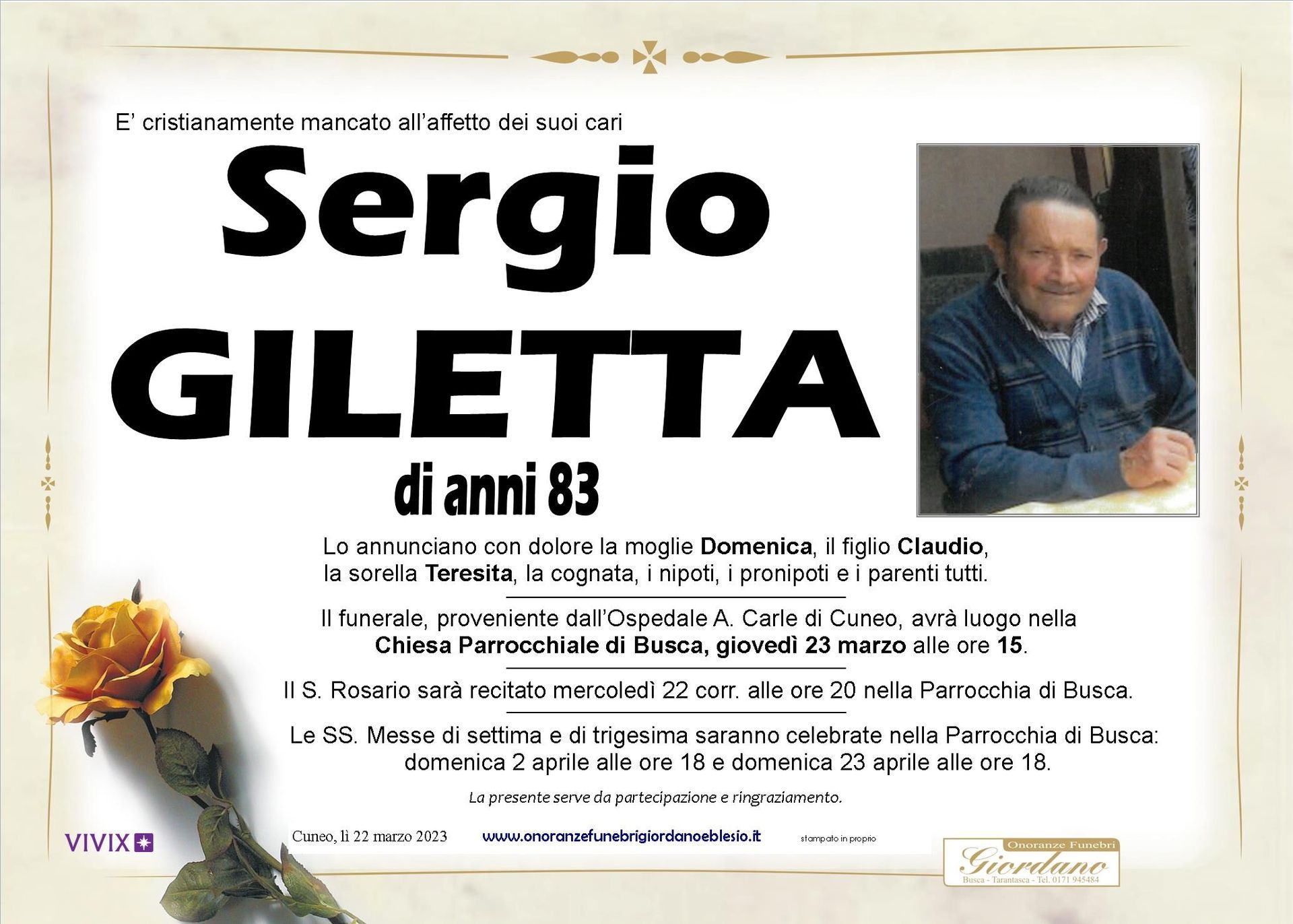 necrologio GILETTA Sergio