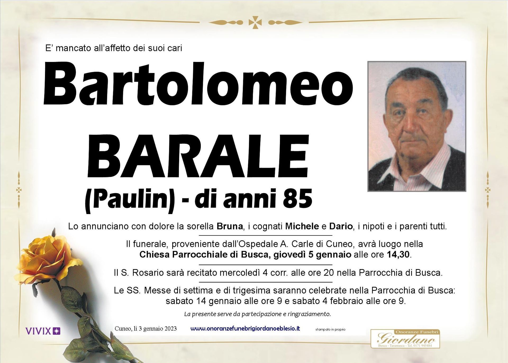 necrologio BARALE Bartolomeo