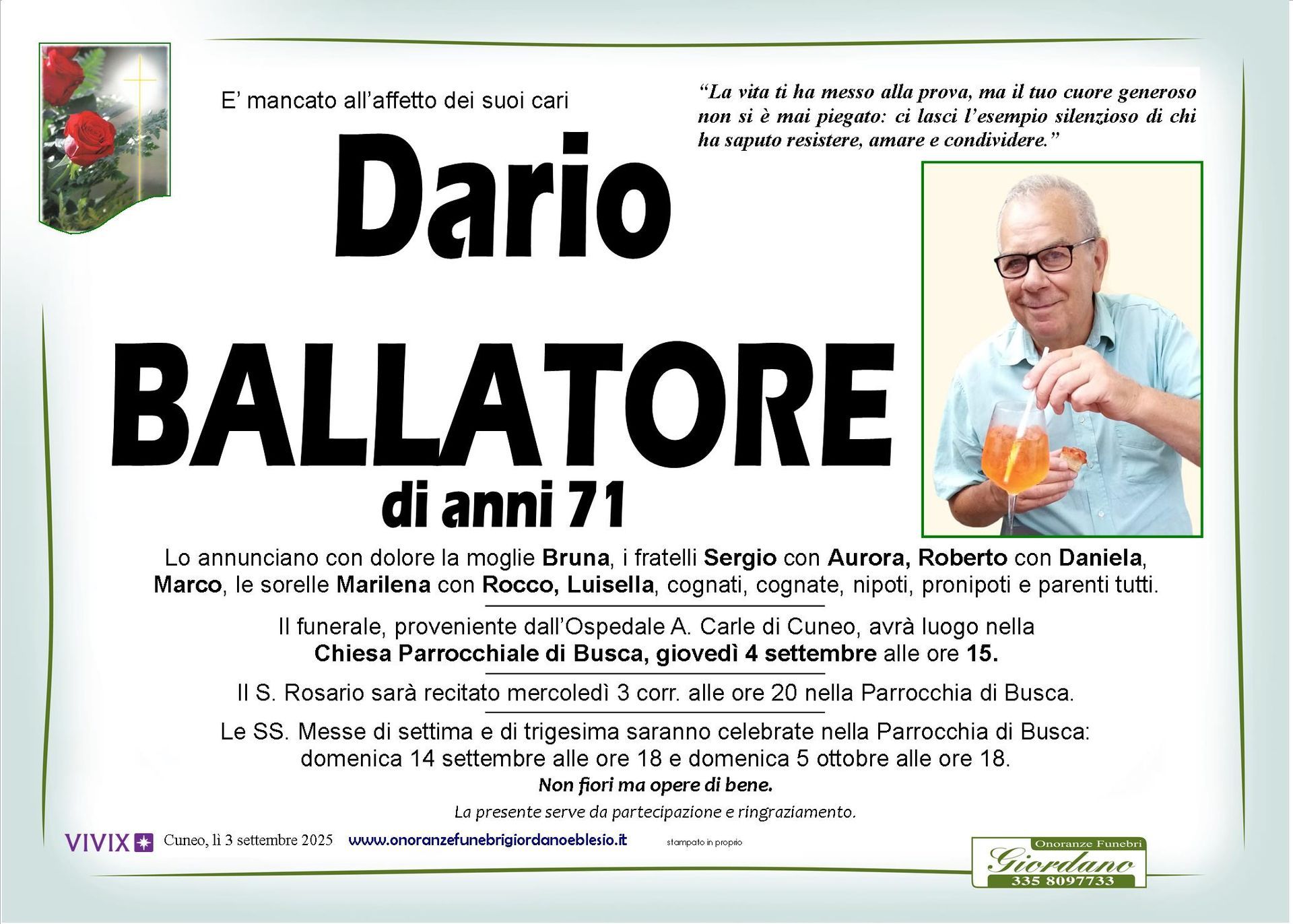 necrologio BALLATORE Dario