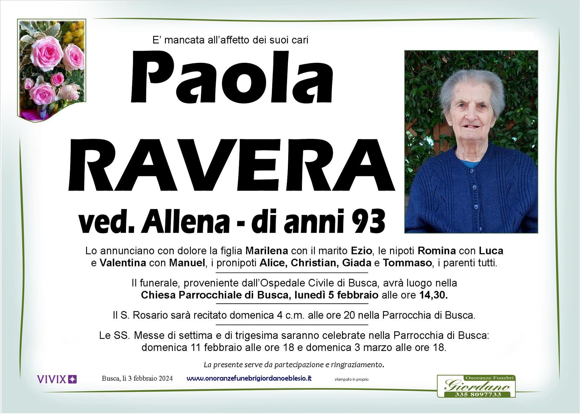necrologio RAVERA Paola ved. Allena