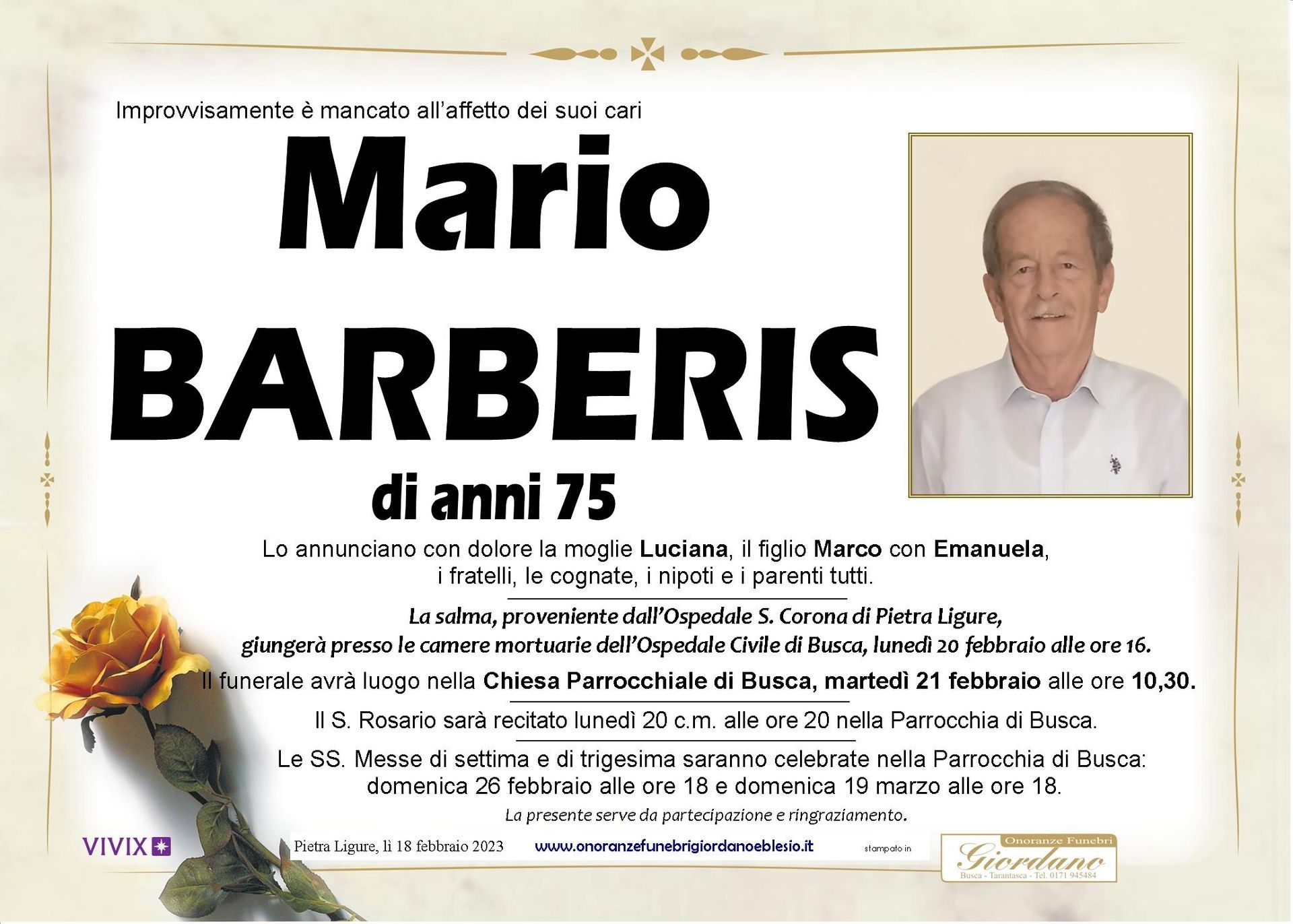 necrologio BARBERIS Mario