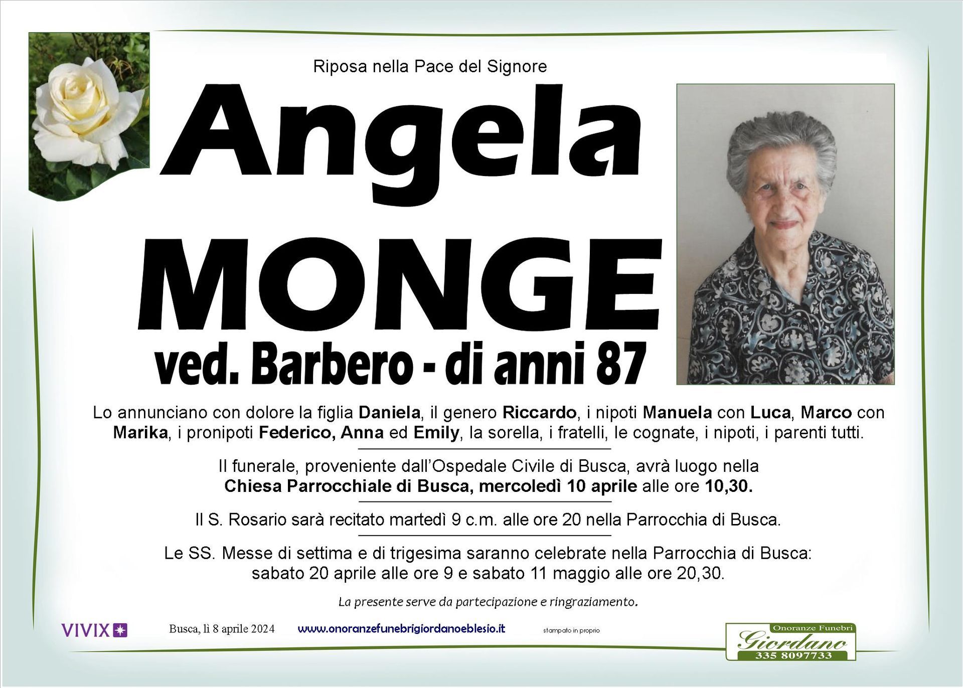 necrologio MONGE Angela ved. Barbero