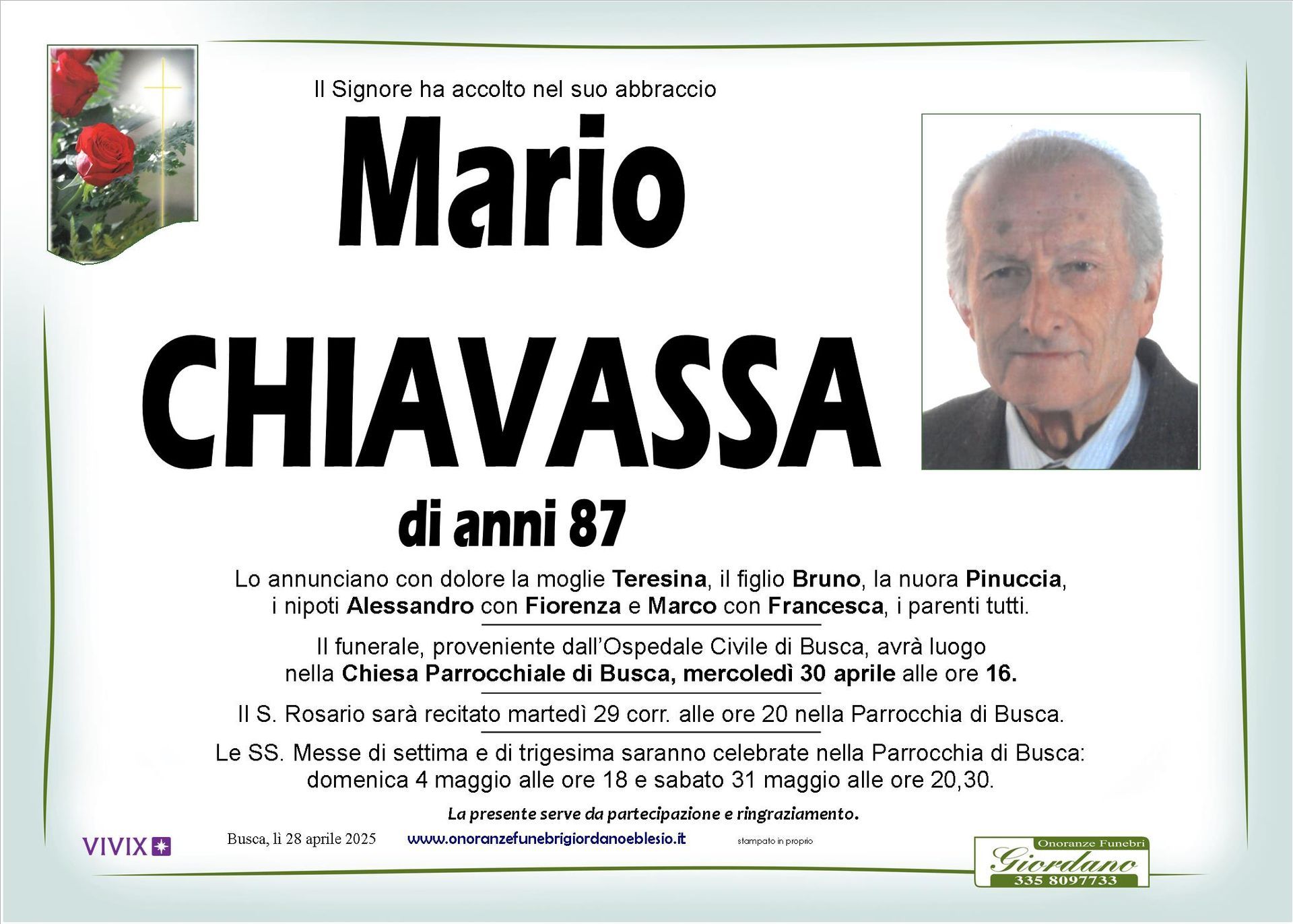 necrologio CHIAVASSA Mario