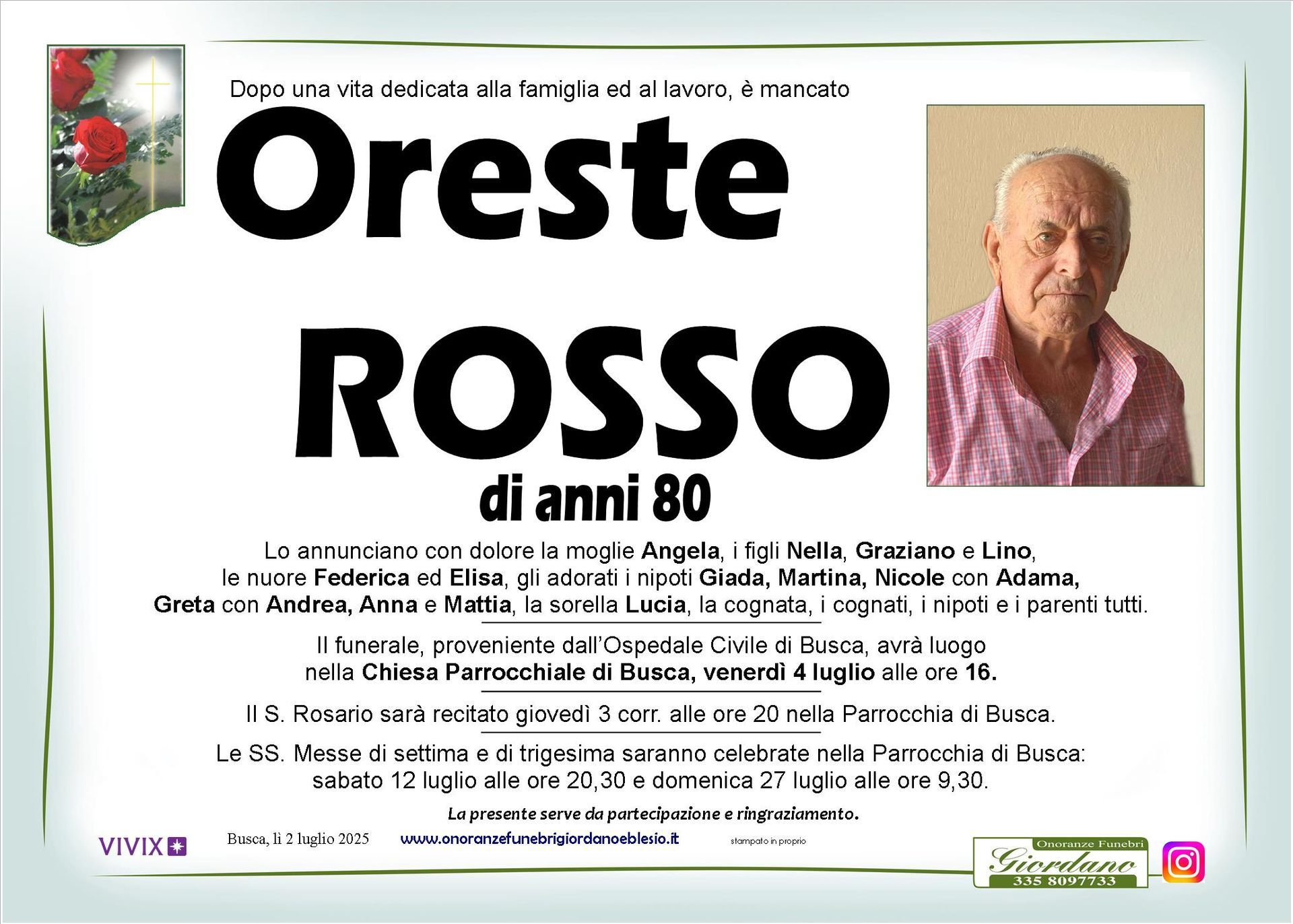 necrologio ROSSO Oreste