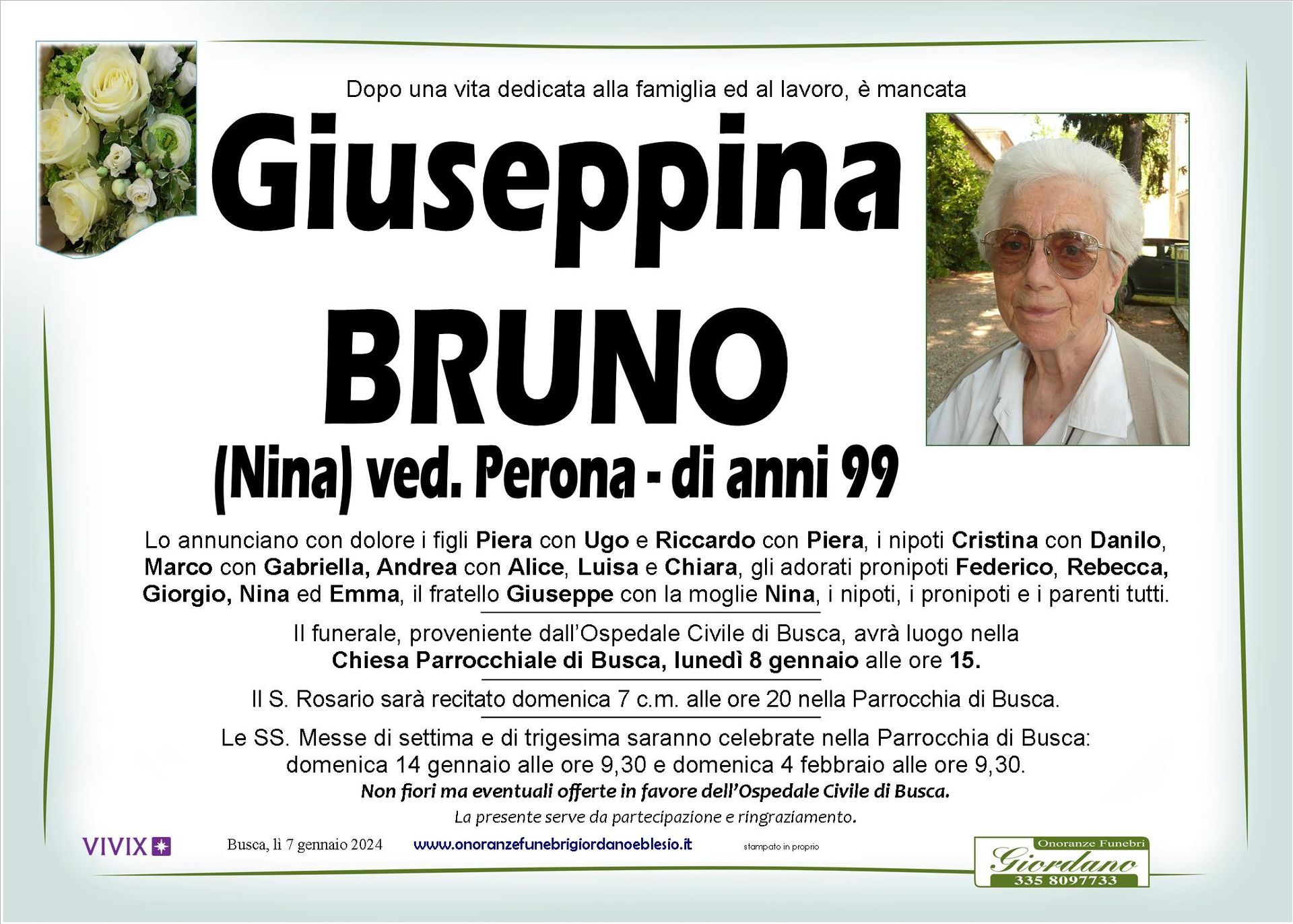 necrologio BRUNO Giuseppina ved. Perona