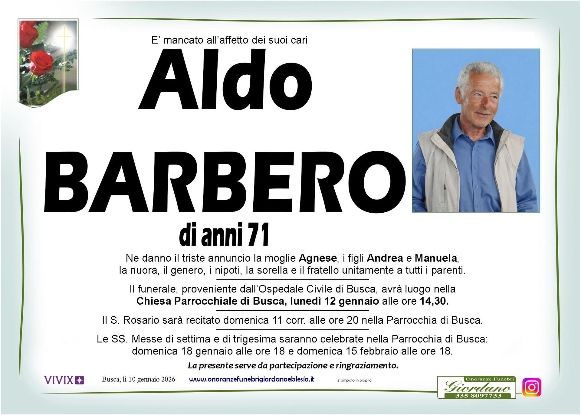 necrologio BARBERO Aldo