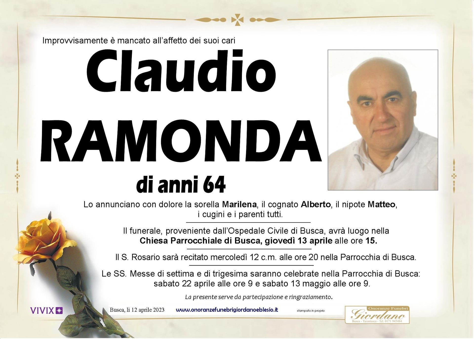 necrologio RAMONDA CLAUDIO
