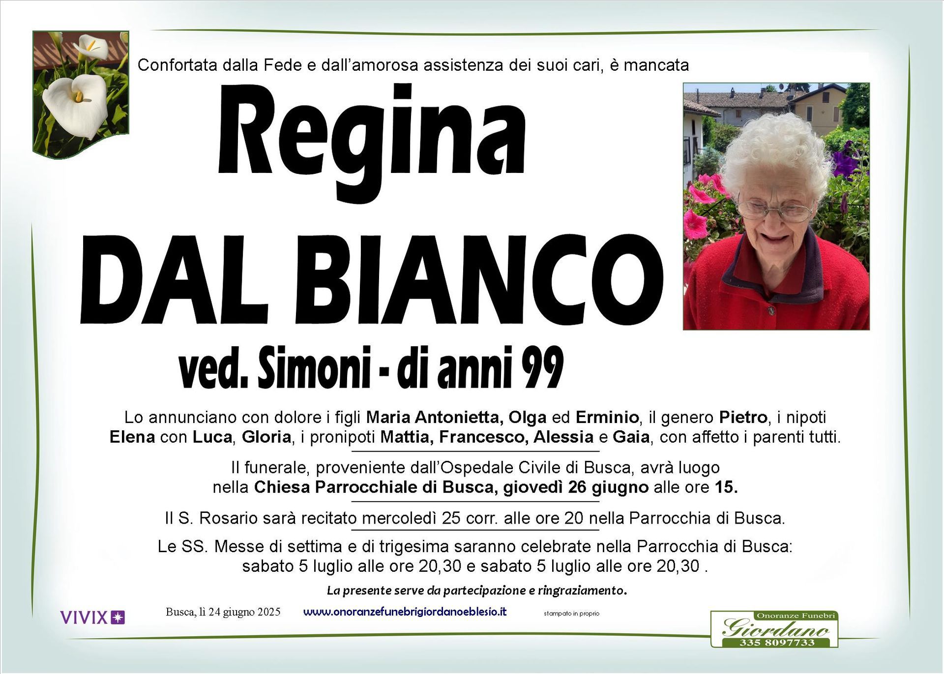 necrologio DALBIANCO Regina ved Simoni