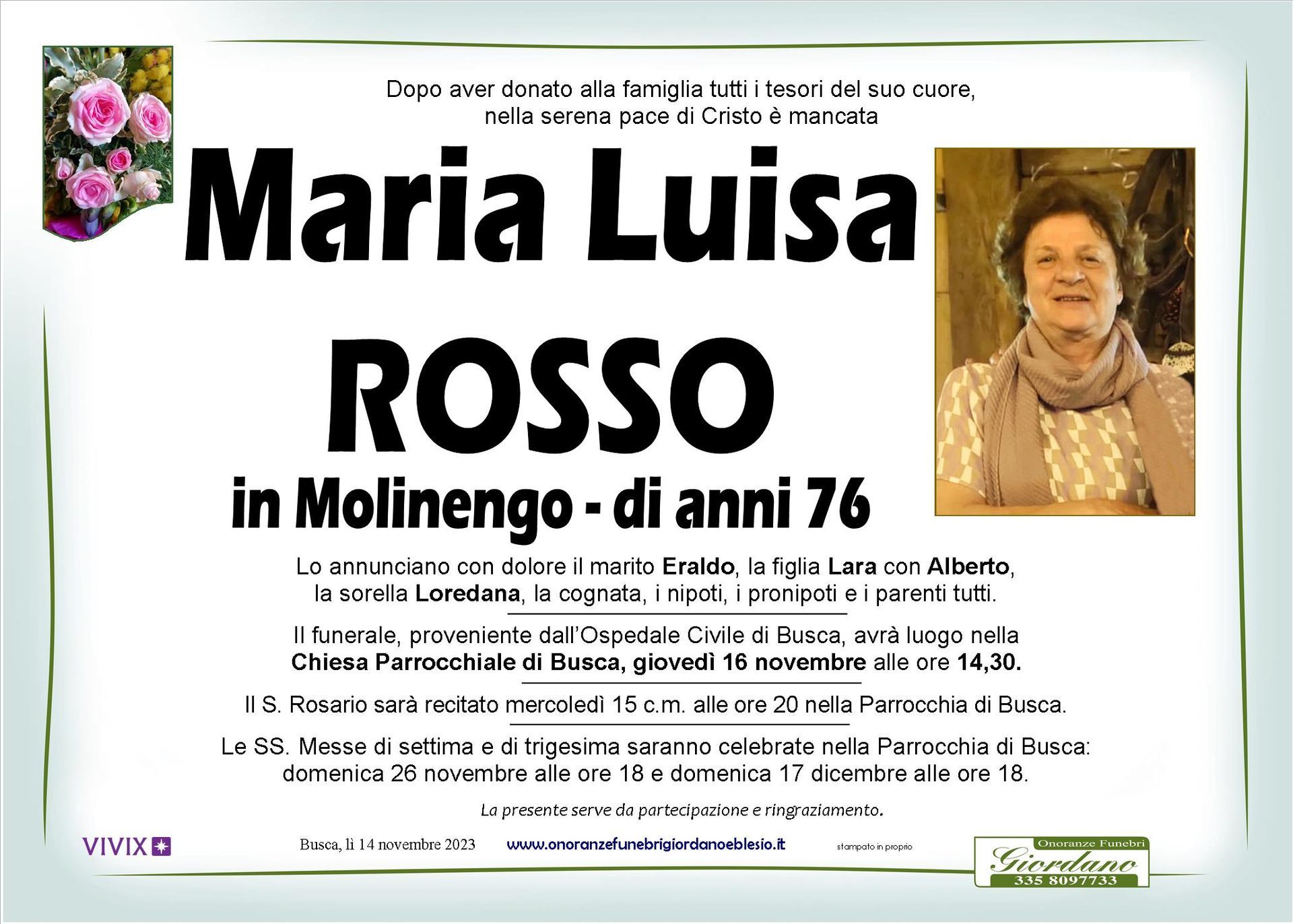 necrologio ROSSO Maria Luisa in Molinengo