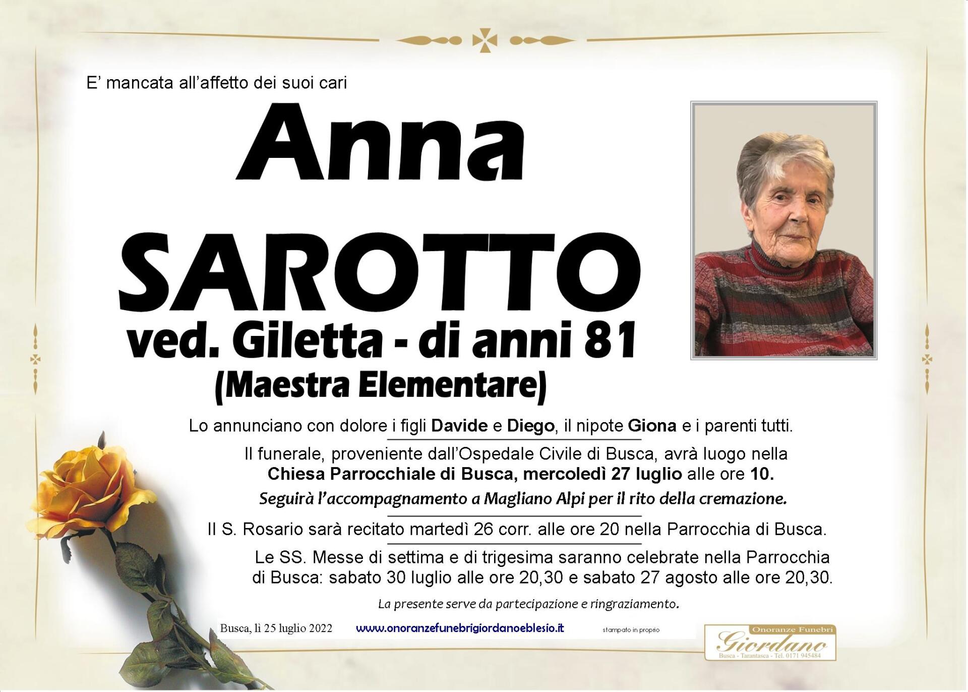 necrologio SAROTTO Anna ved. Giletta