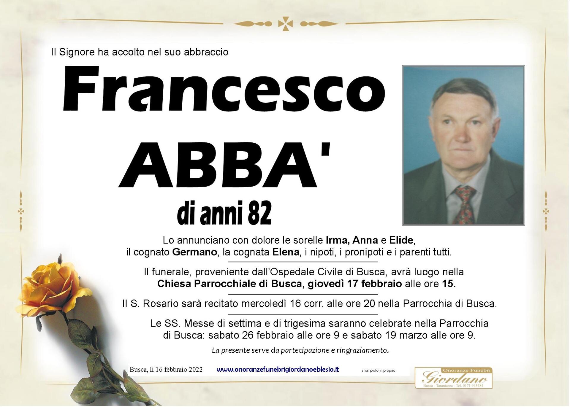 necrologio ABBA' Francesco