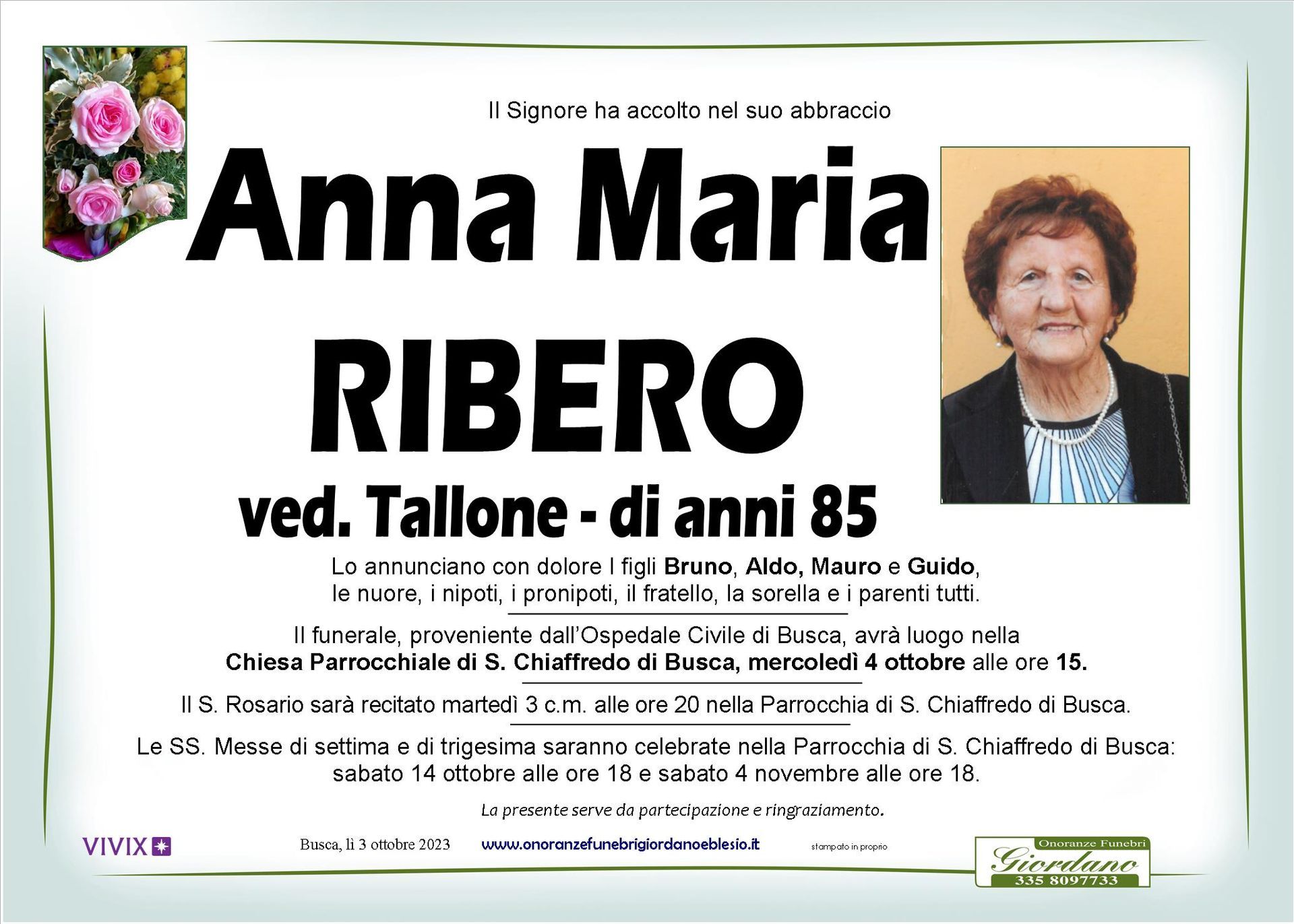 necrologio RIBERO Anna Maria ved. Tallone