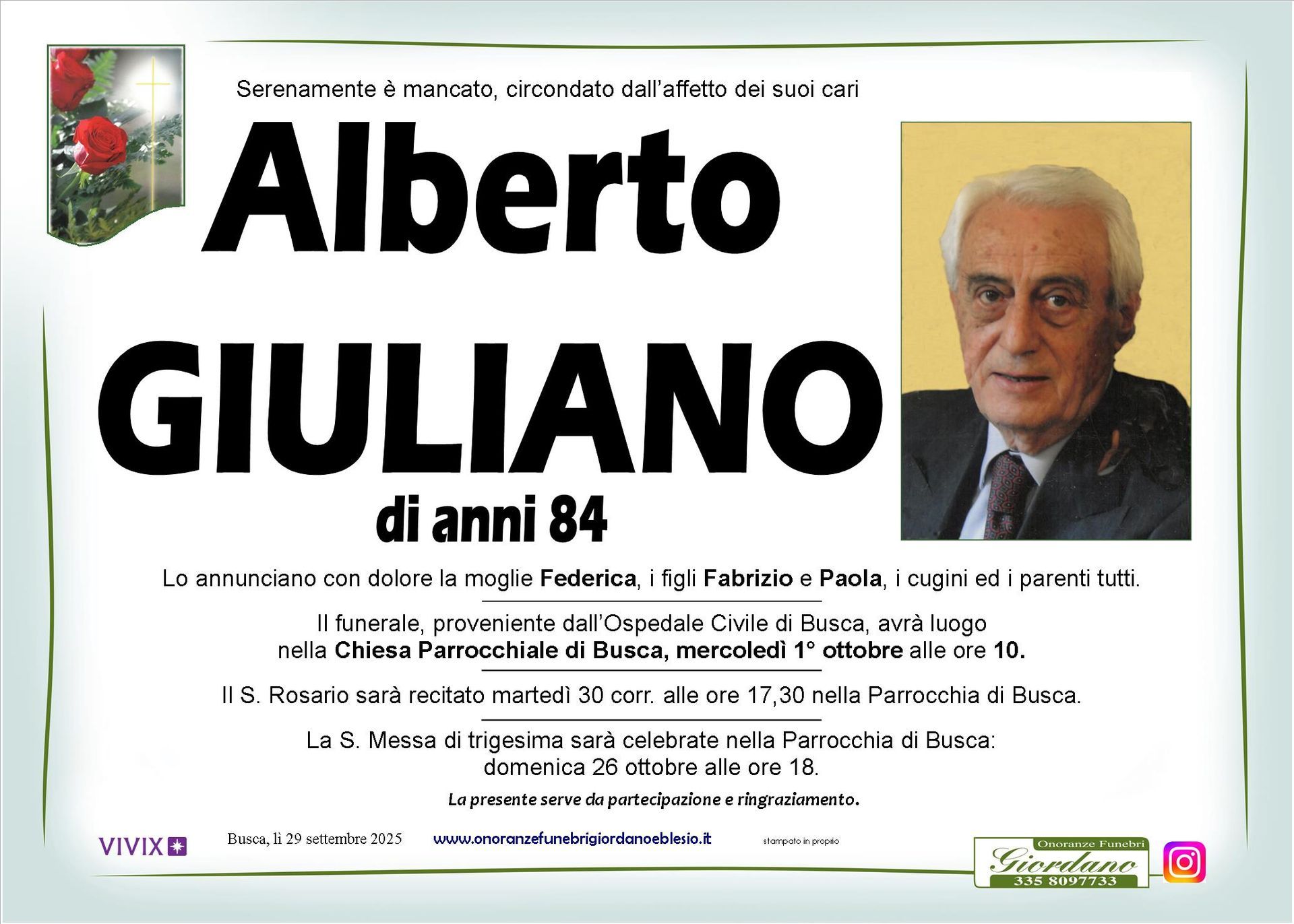 necrologio GIULIANO Alberto