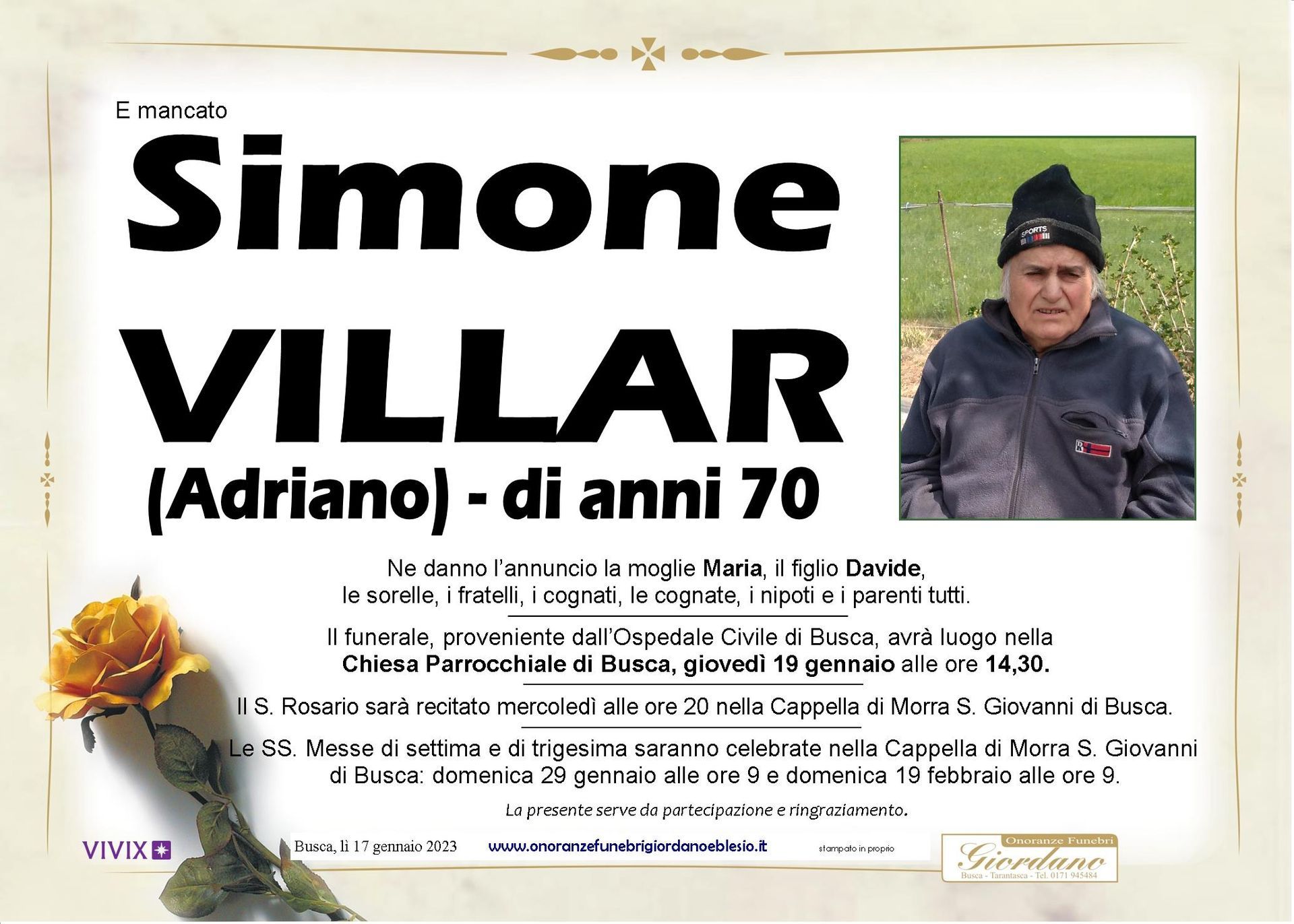 necrologio VILLAR Simone