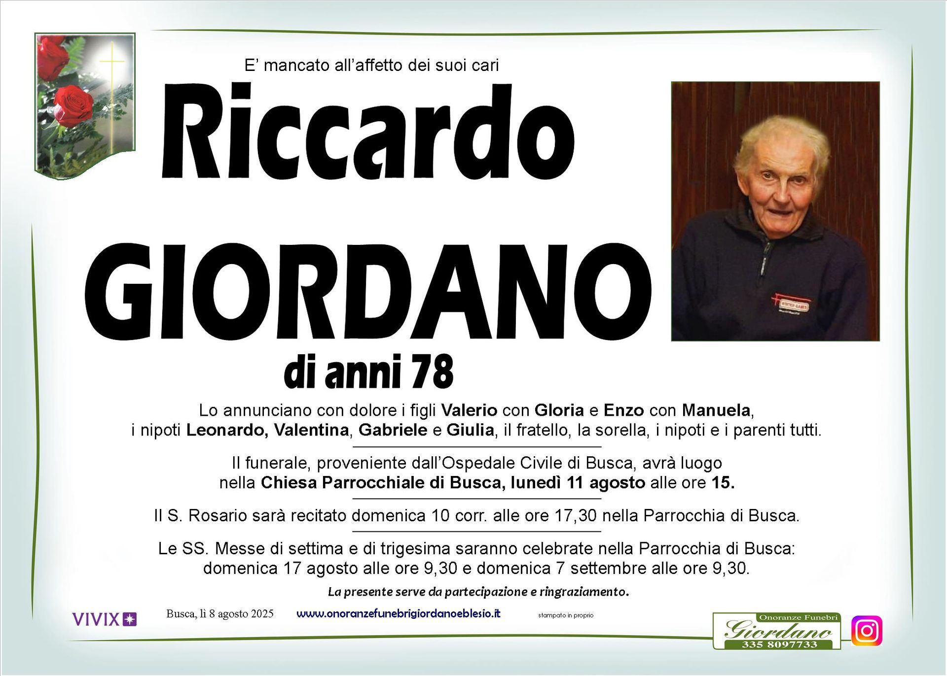 necrologio GIORDANO Riccardo