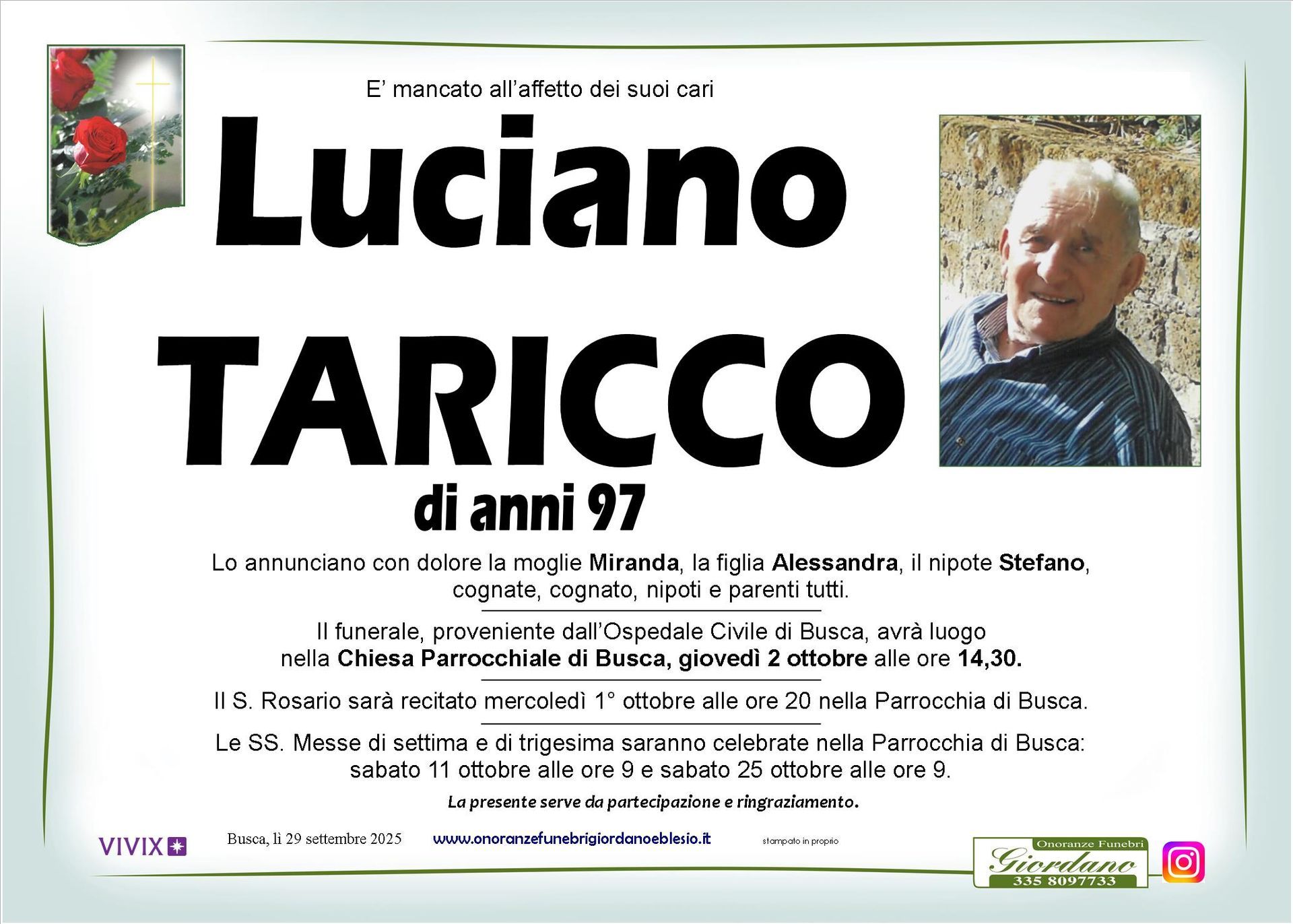 necrologio TARICCO Luciano