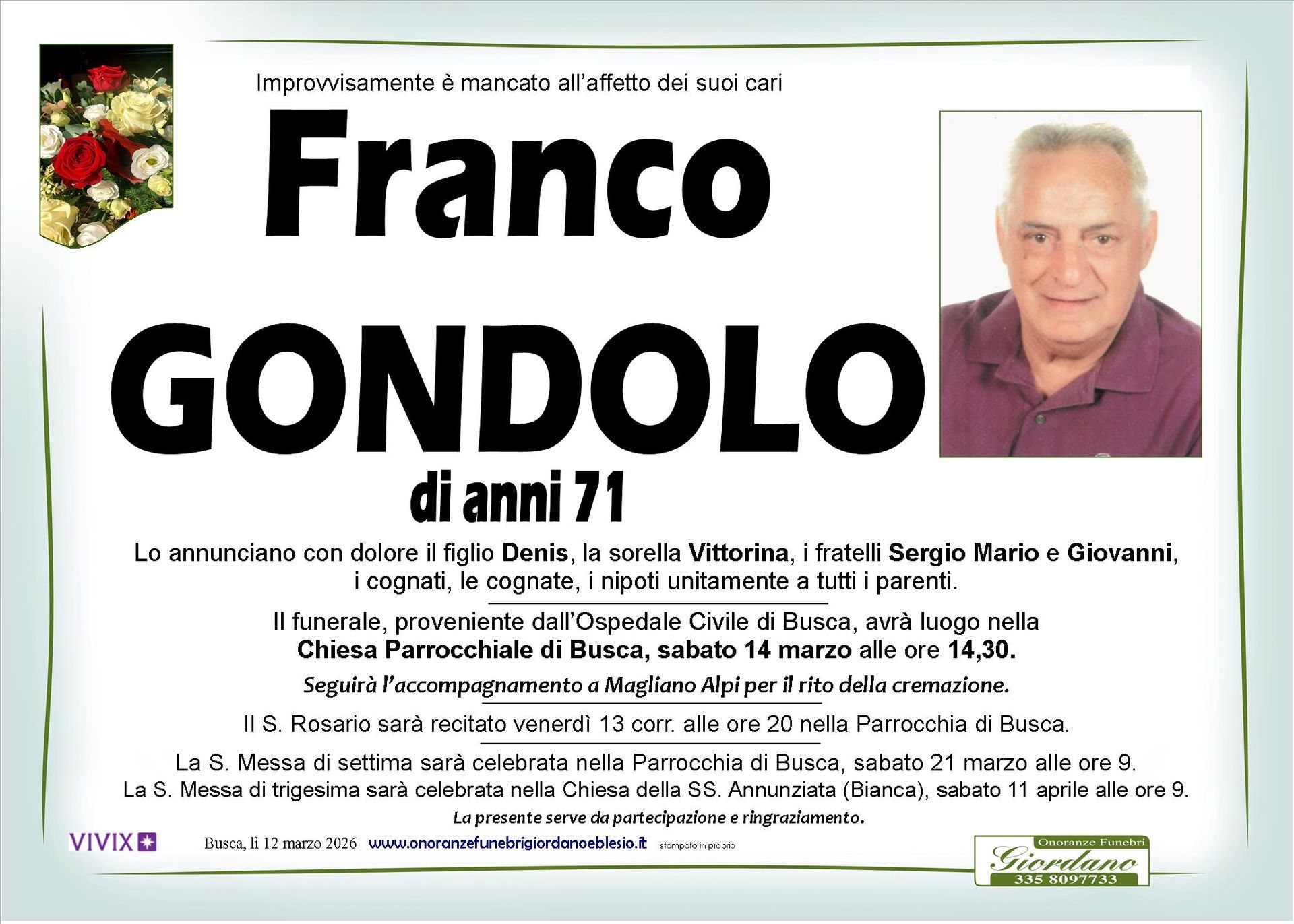 necrologio GONDOLO Franco