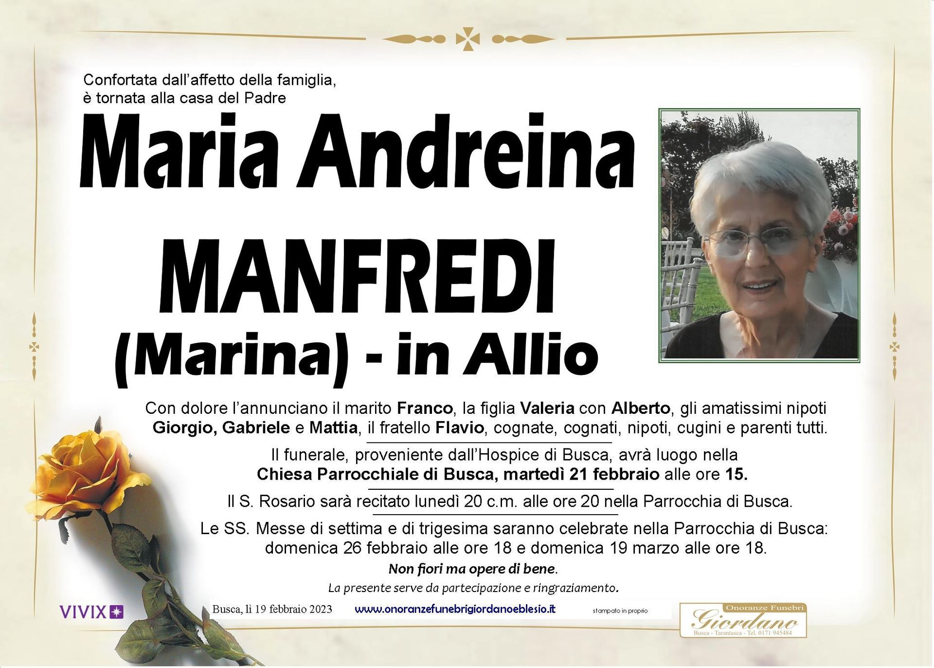 necrologio MANFREDI Maria Andreina in Allio