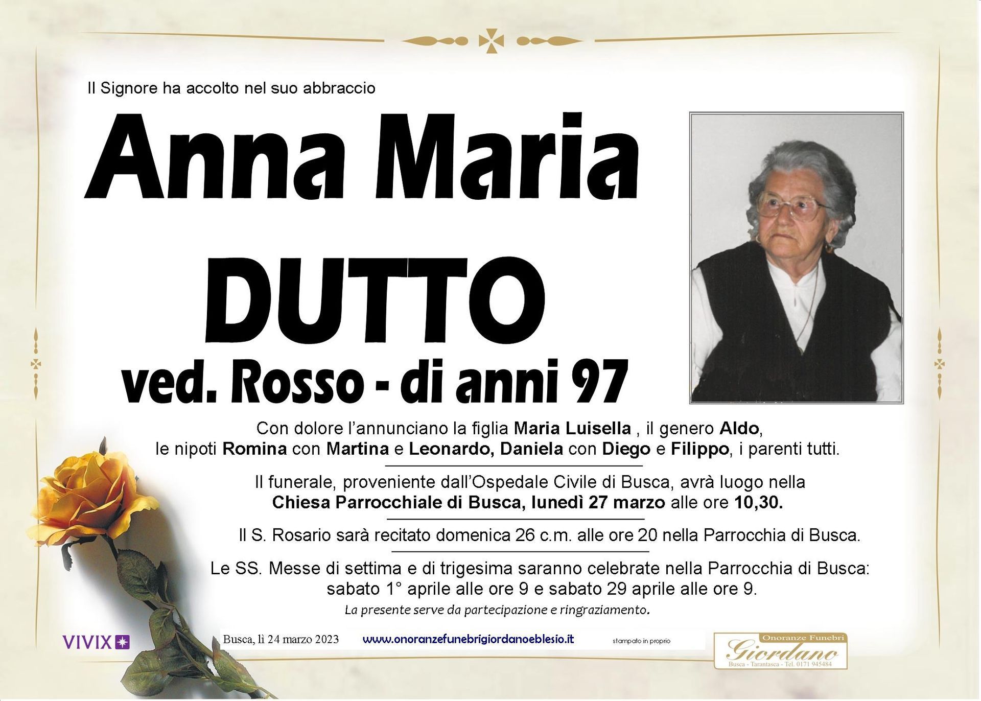 necrologio DUTTO Anna Maria ved. Rosso