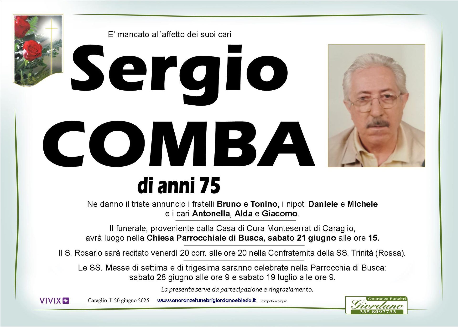 necrologio COMBA Sergio