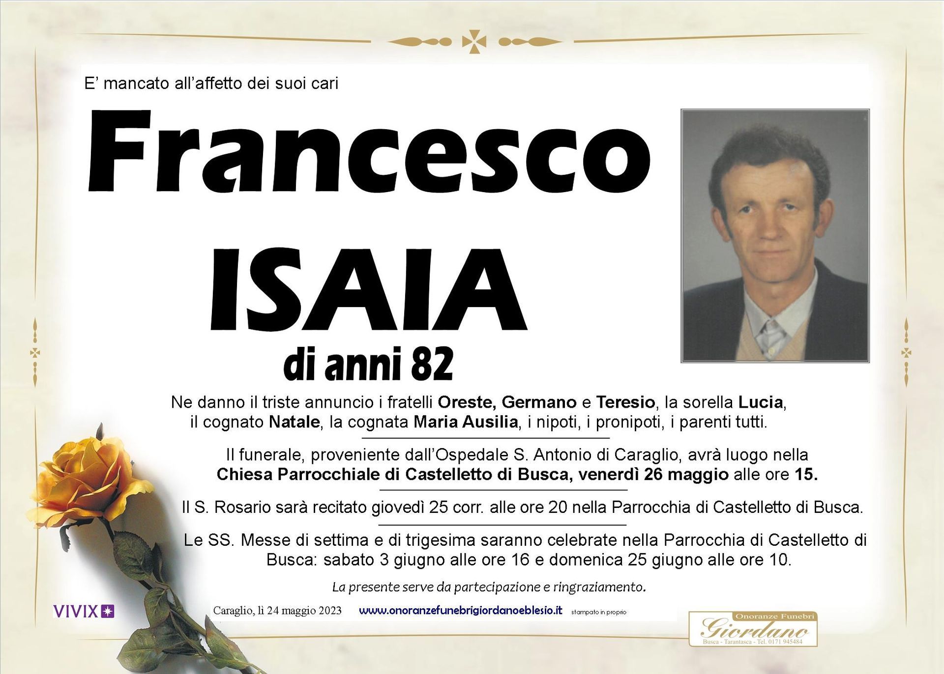 necrologio ISAIA Francesco