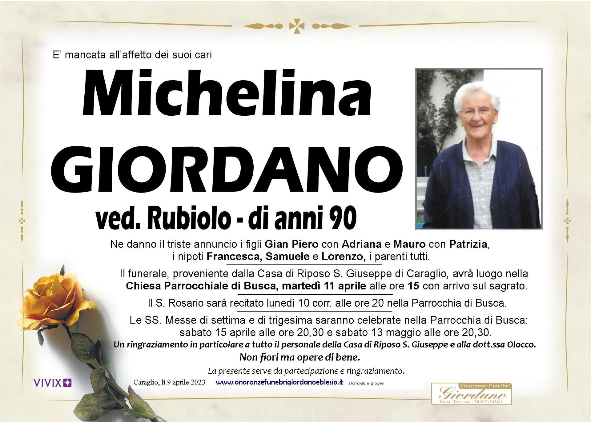 necrologio GIORDANO Michelina ved. Rubiolo