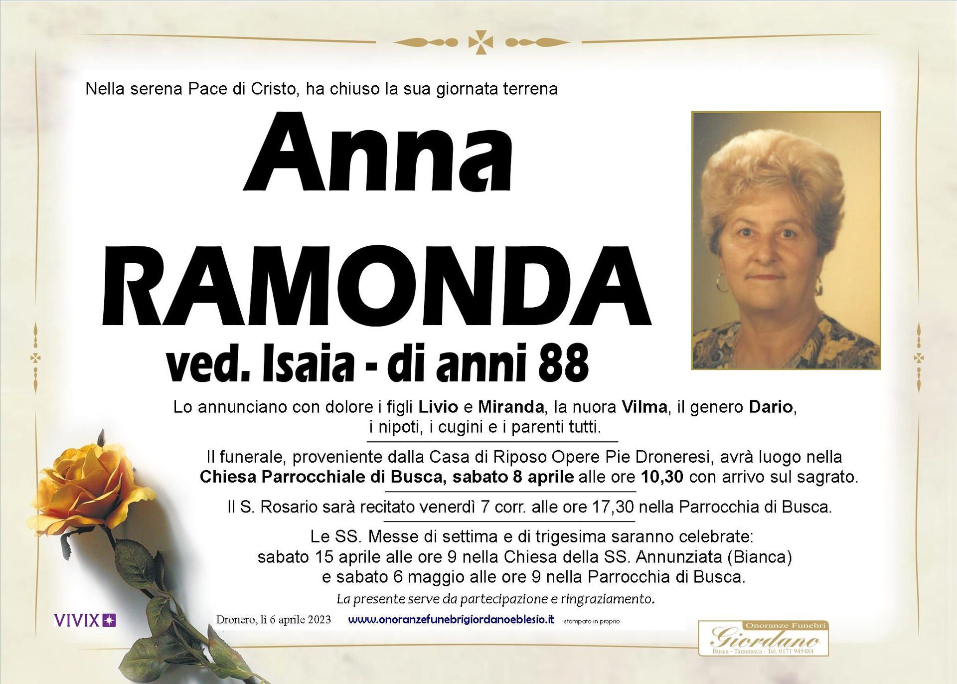 necrologio RAMONDA Anna ved. Isaia