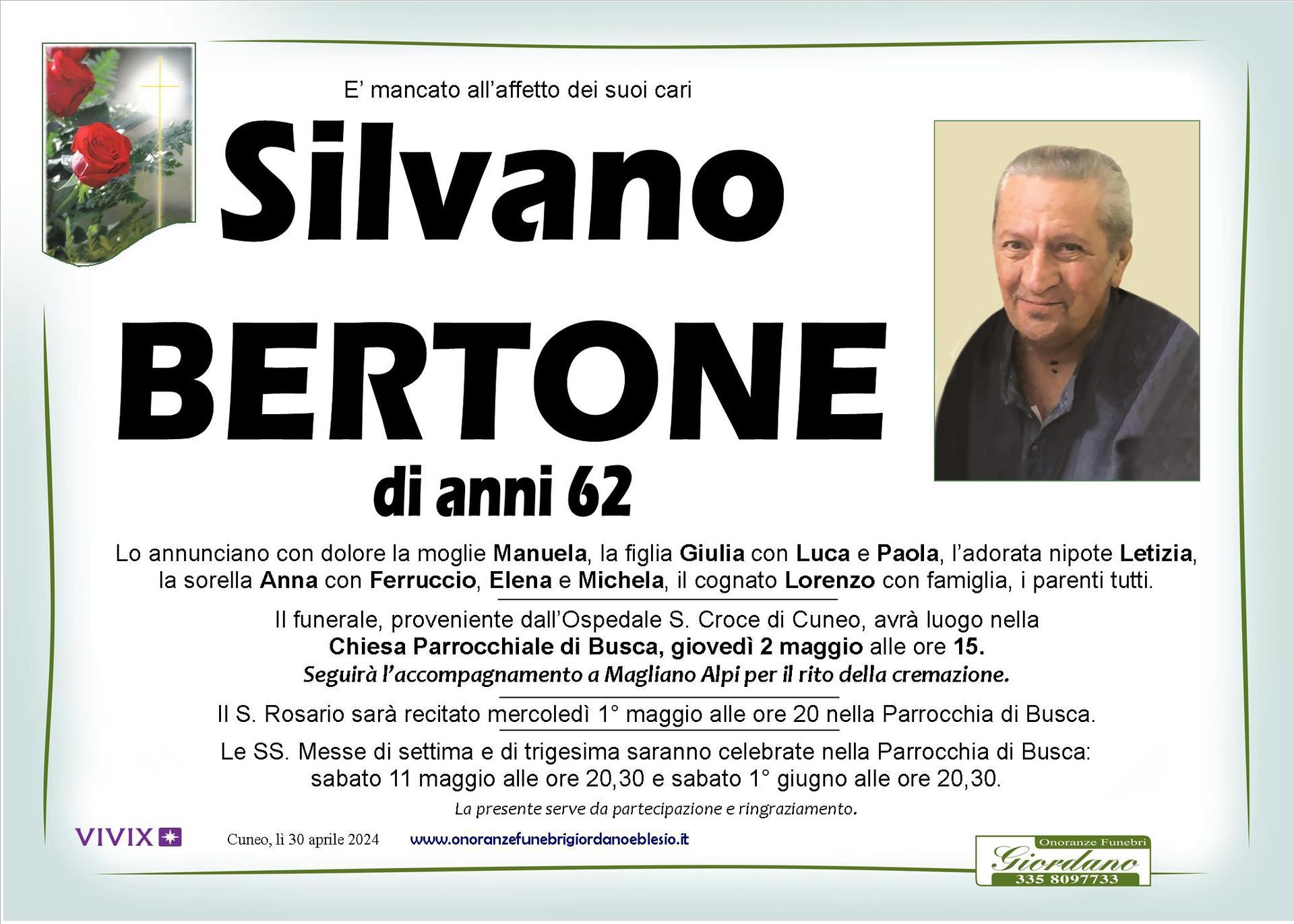 necrologio BERTONE Silvano