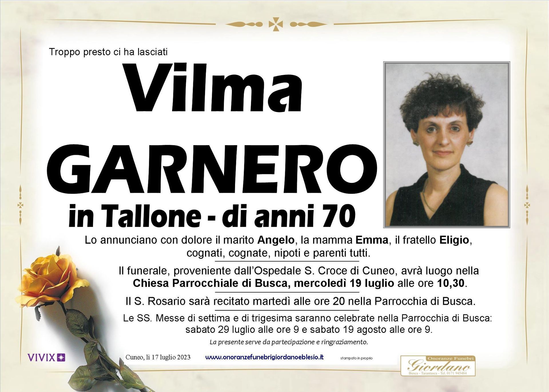 necrologio GARNERO Vilma in Tallone