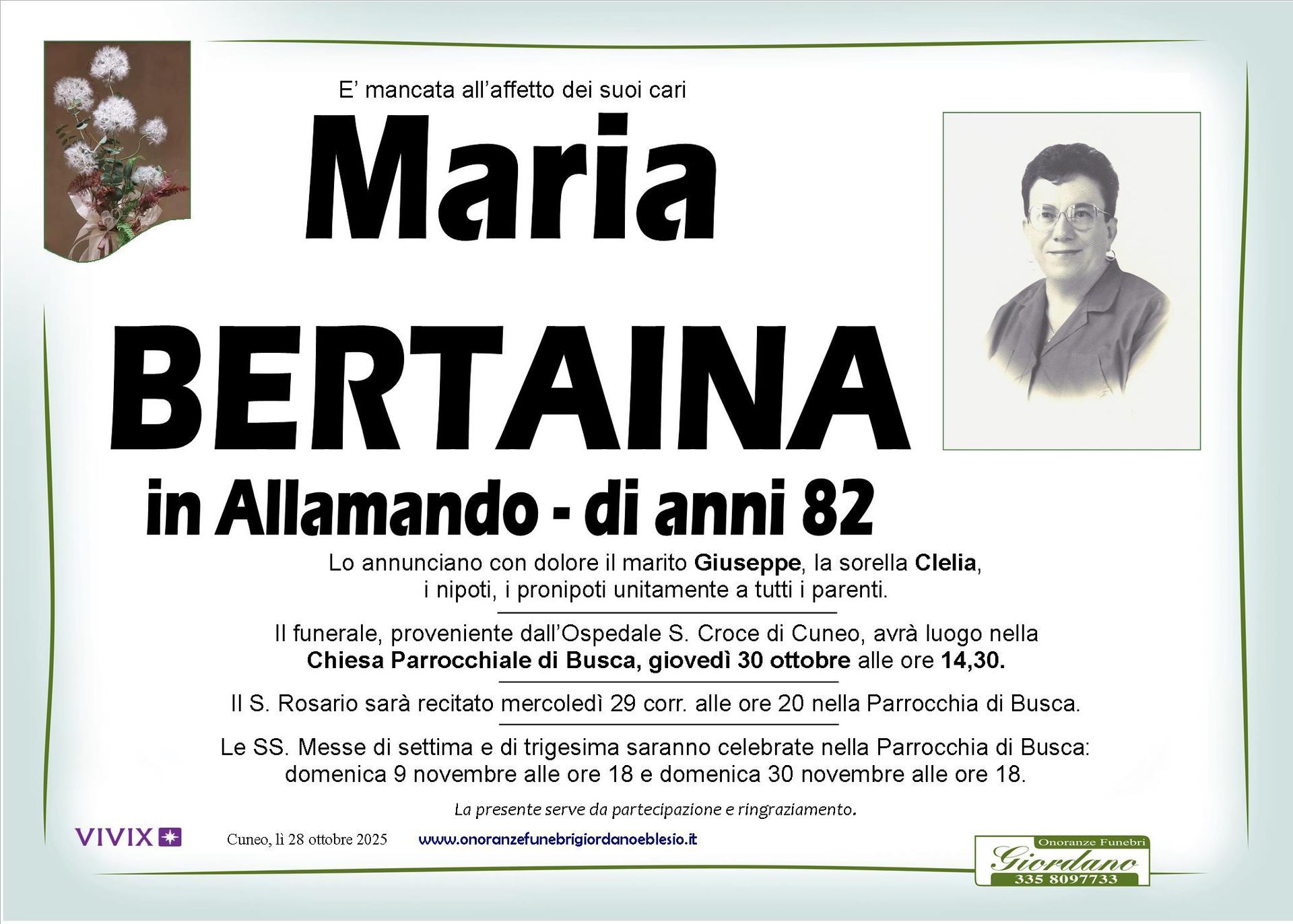 necrologio BERTAINA Maria in Allamando