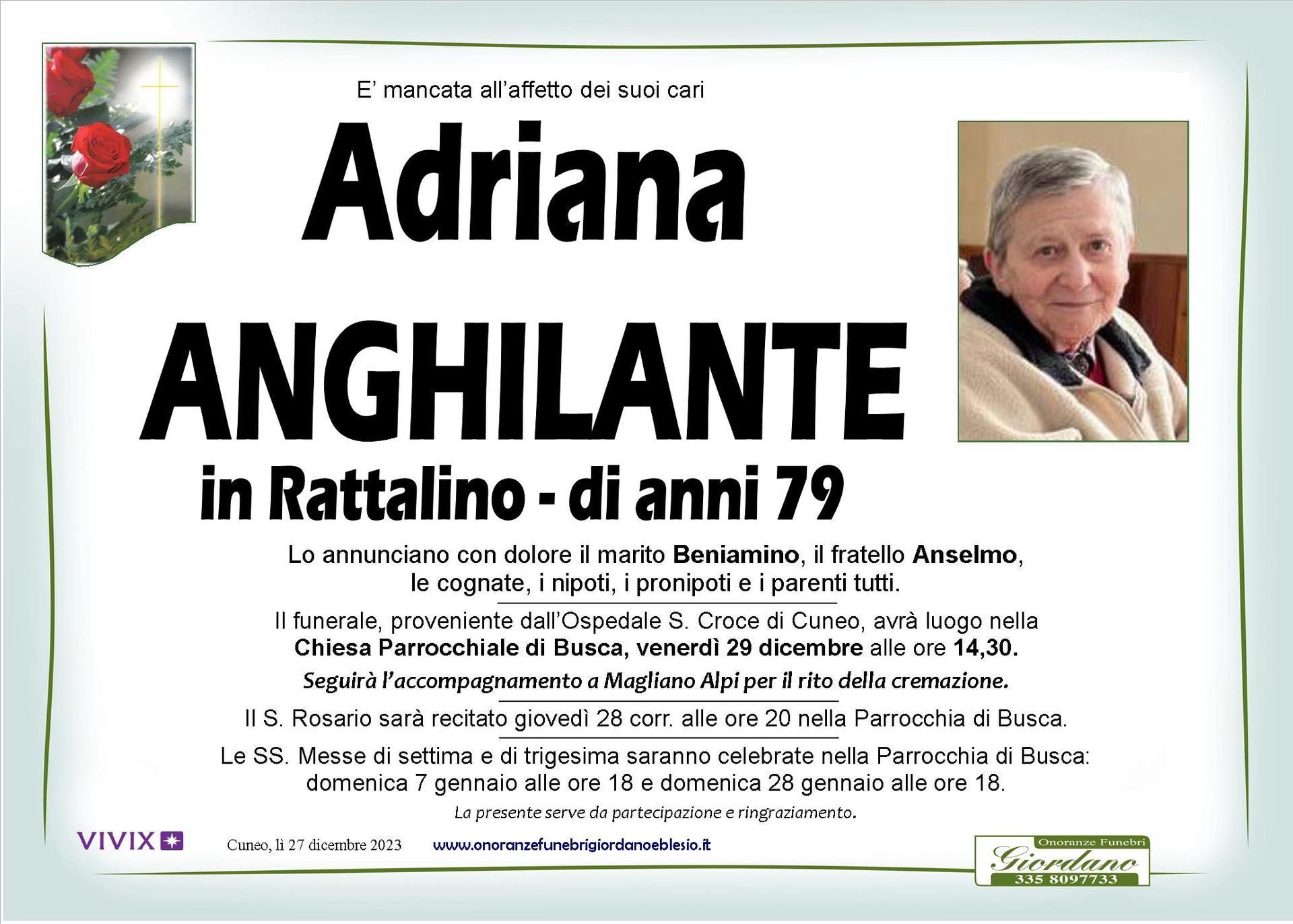 necrologio ANGHILANTE Adriana in Rattalino