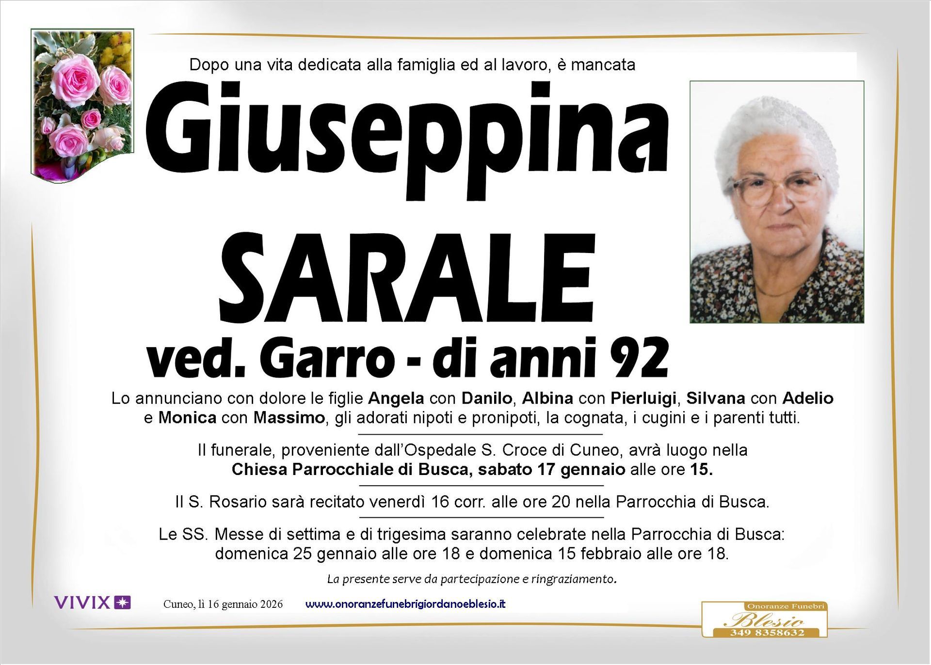 necrologio SARALE Giuseppina ved.Garro