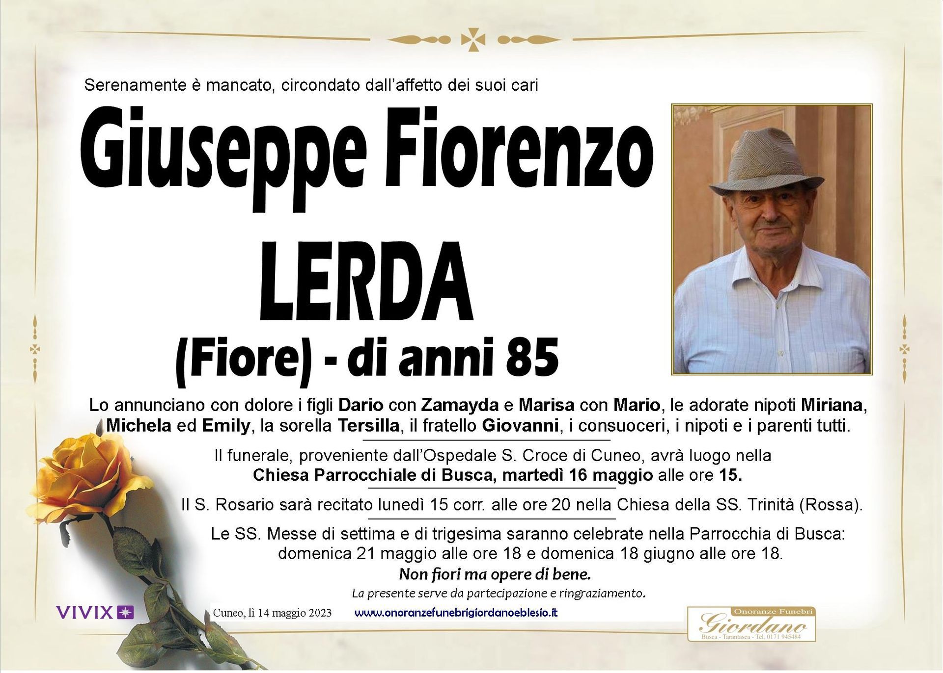 necrologio LERDA Giuseppe Fiorenzo