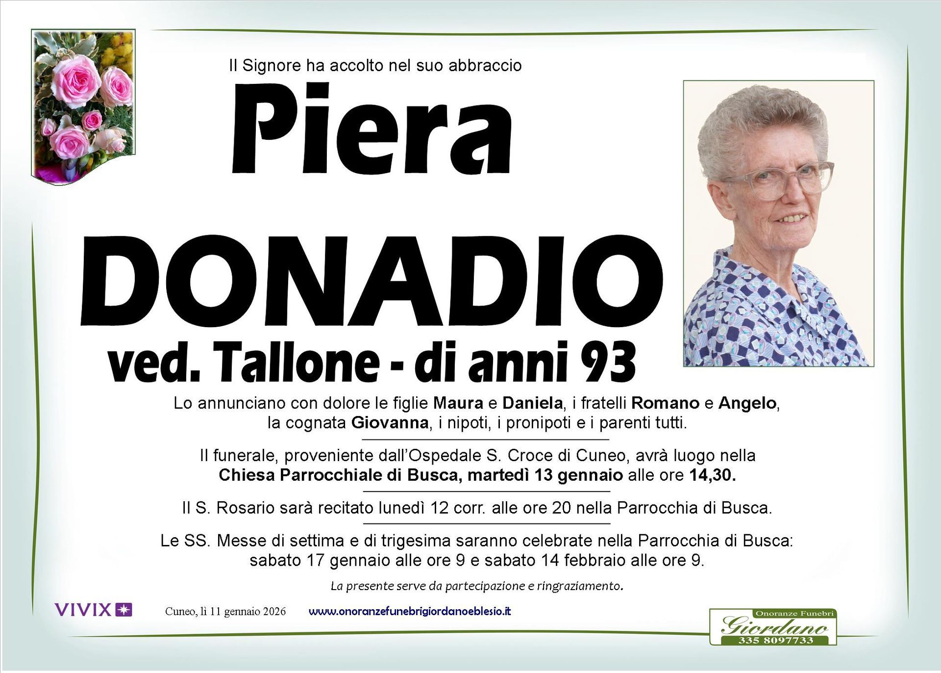 necrologio DONADIO Piera ved. Tallone