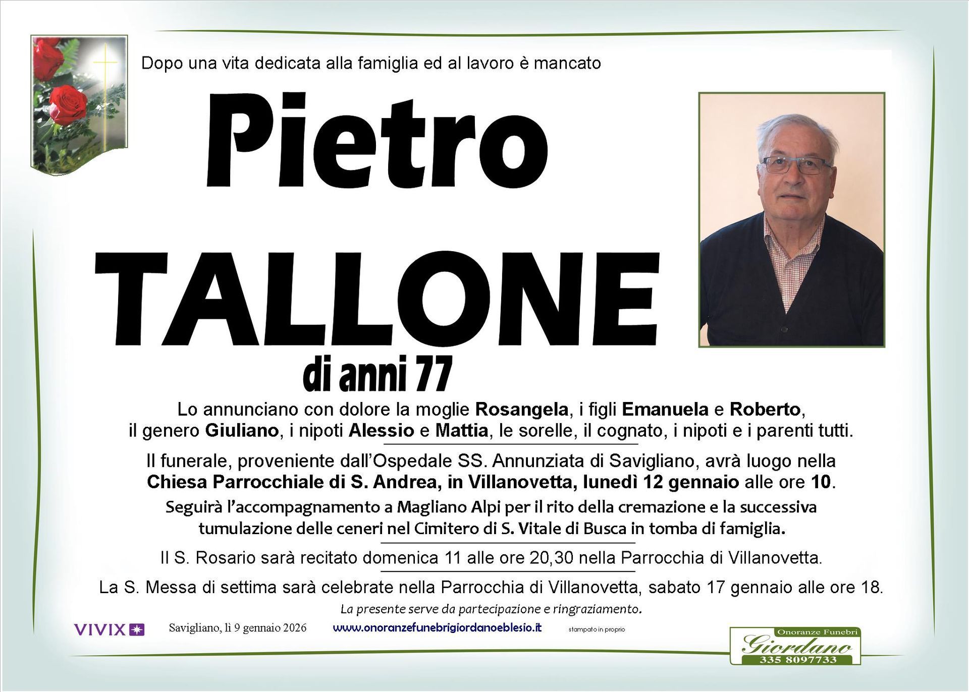 necrologio TALLONE Pietro