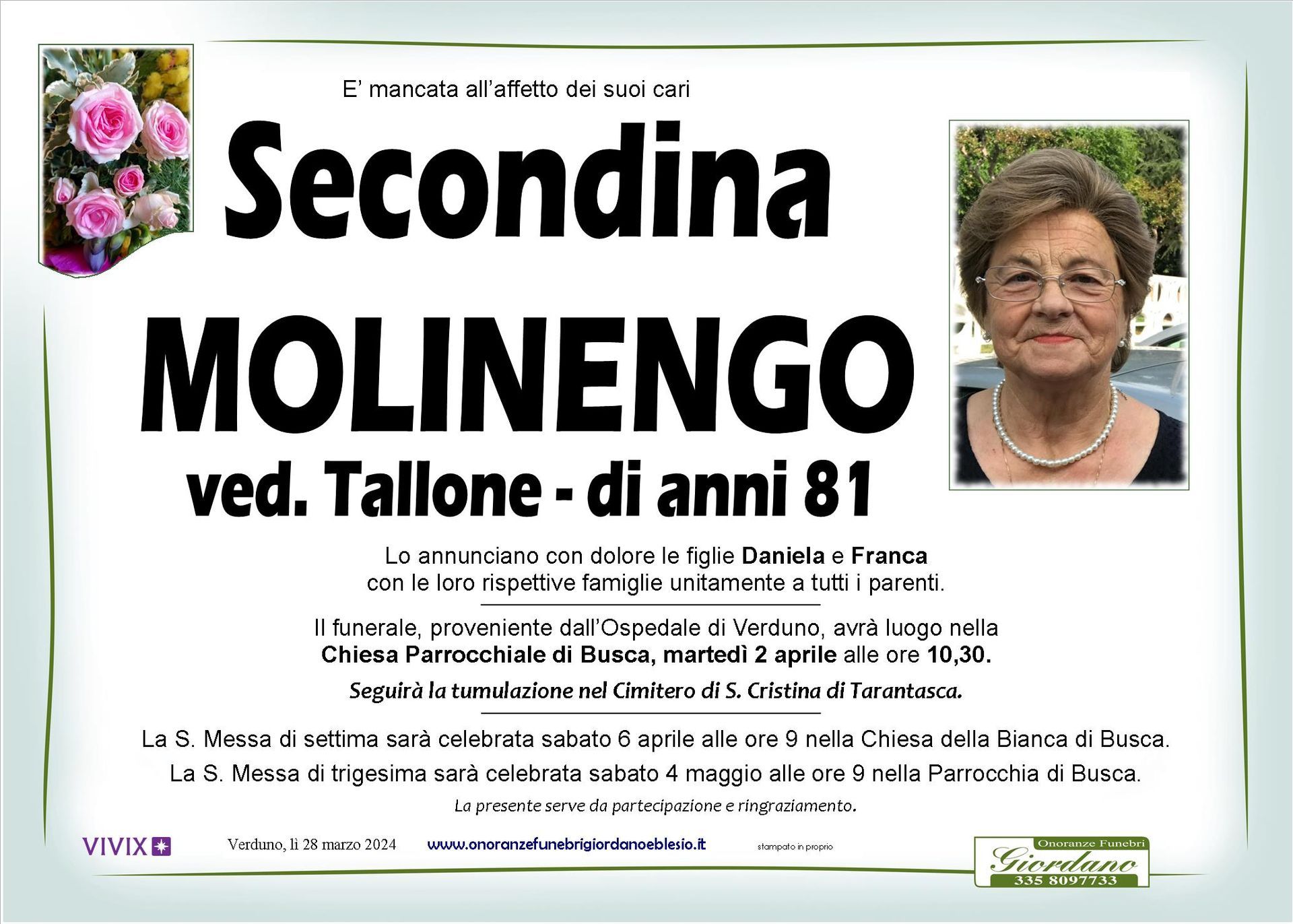 necrologio MOLINENGO Secondina ved. Tallone