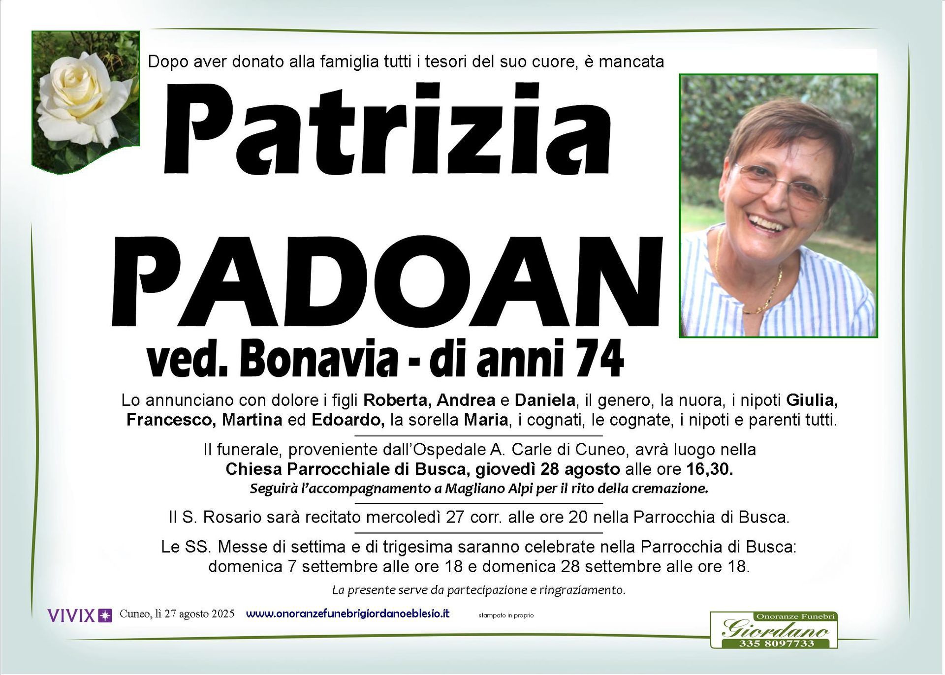 necrologio PADOAN Patrizia ved. Bonavia