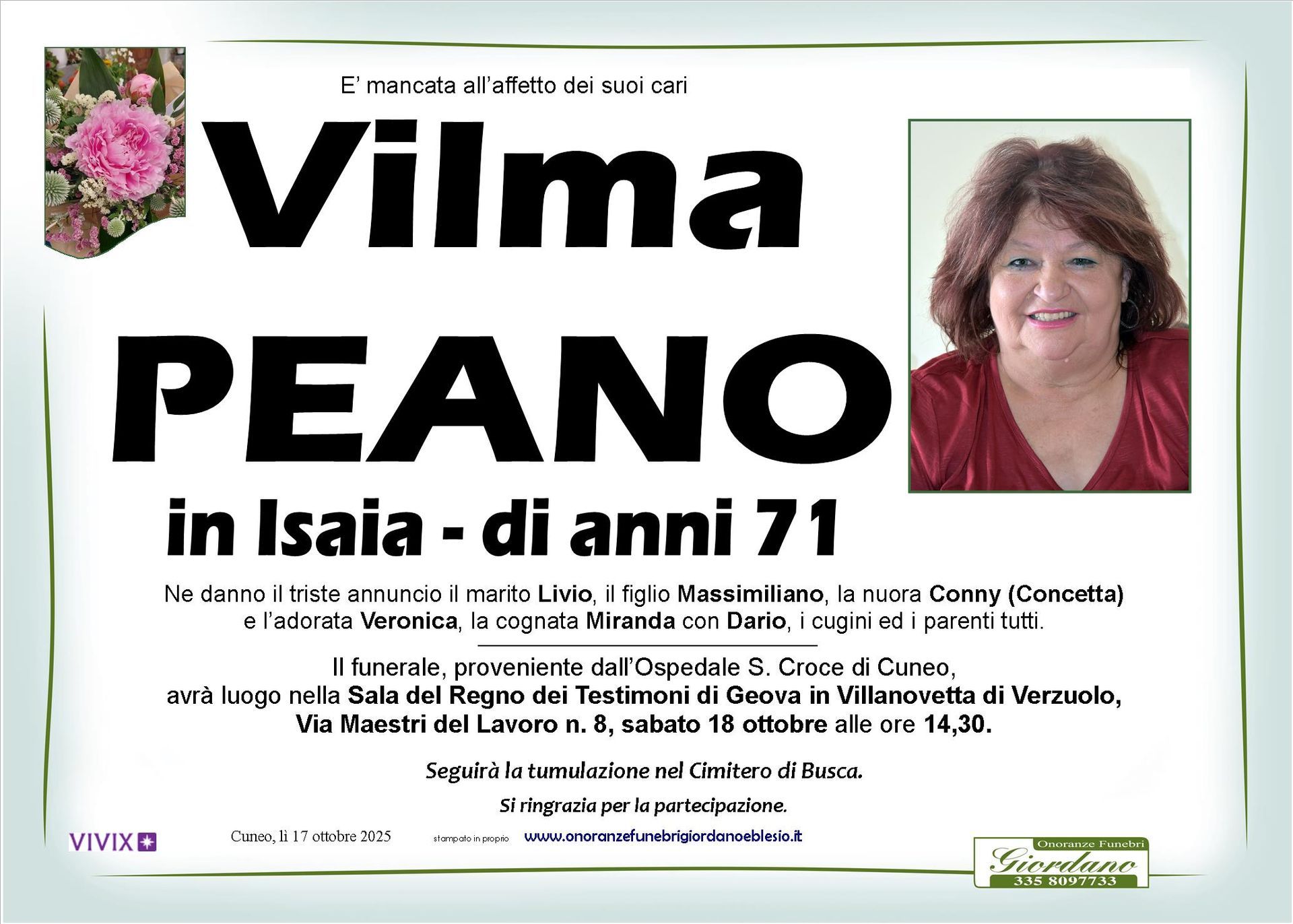 necrologio PEANO VILMA in Isaia