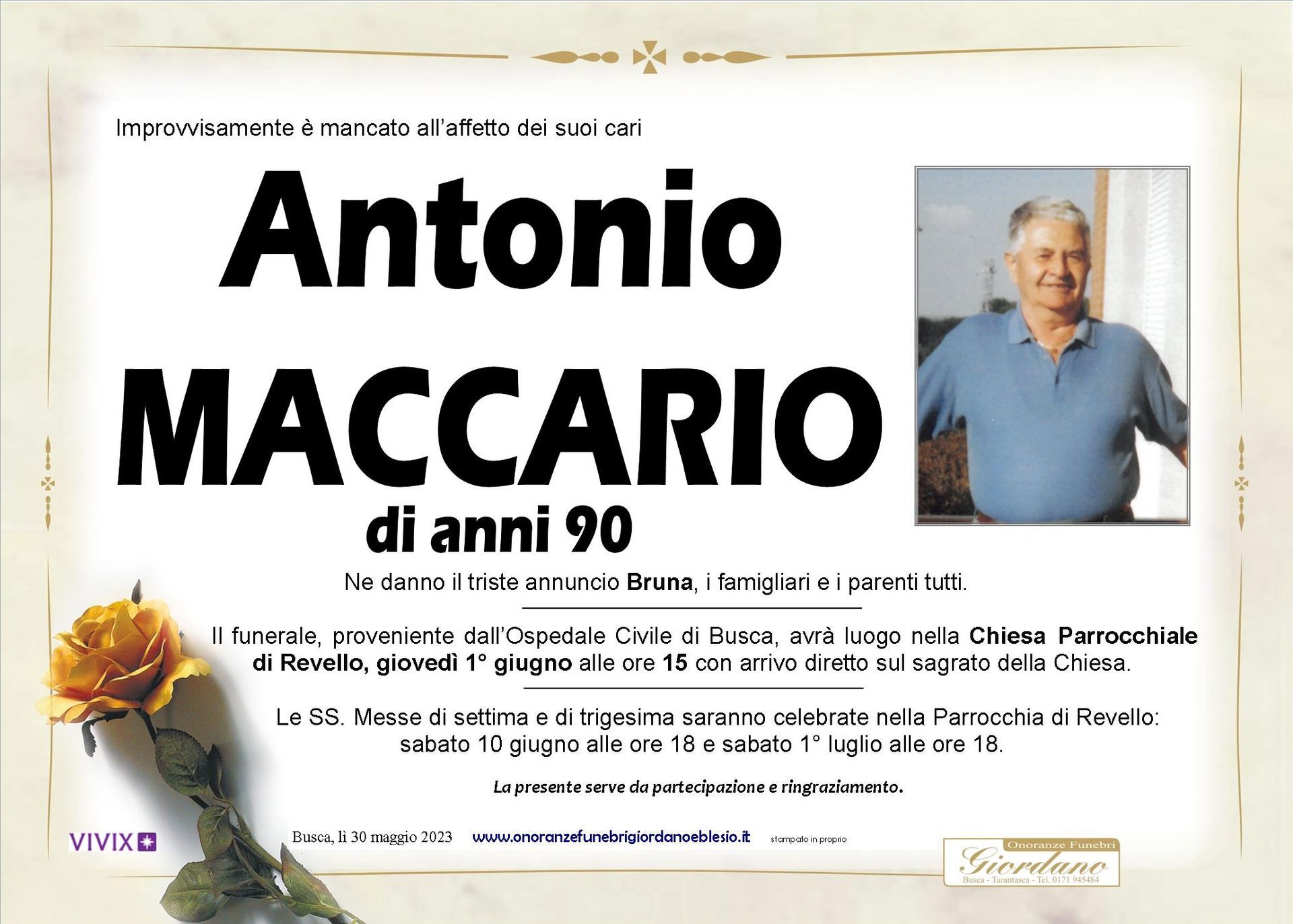 necrologio MACCARIO Antonio