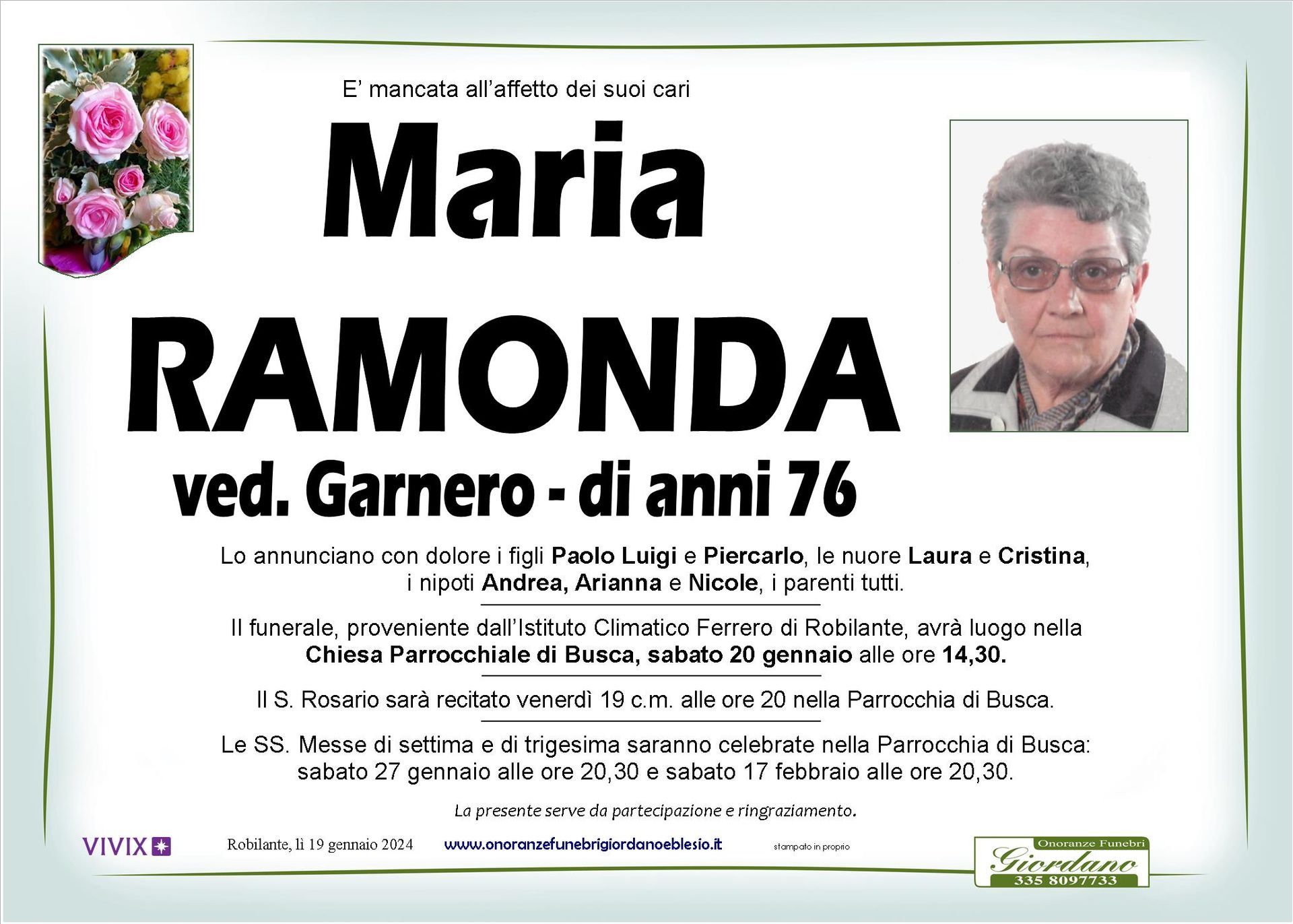necrologio RAMONDA Maria ved. Garnero