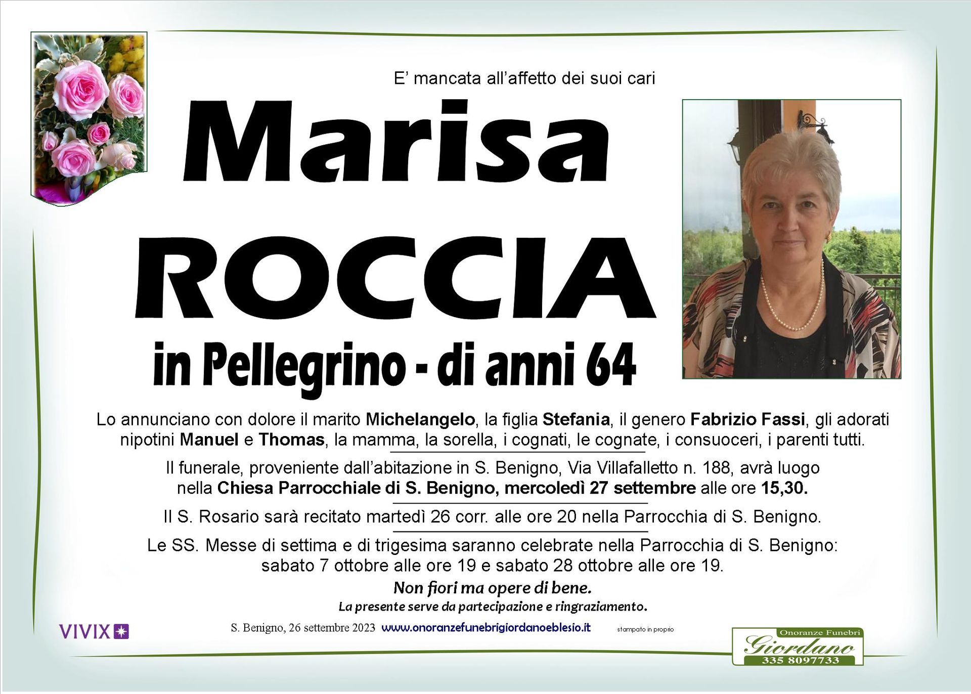 necrologio ROCCIA MARISA in Pellegrino