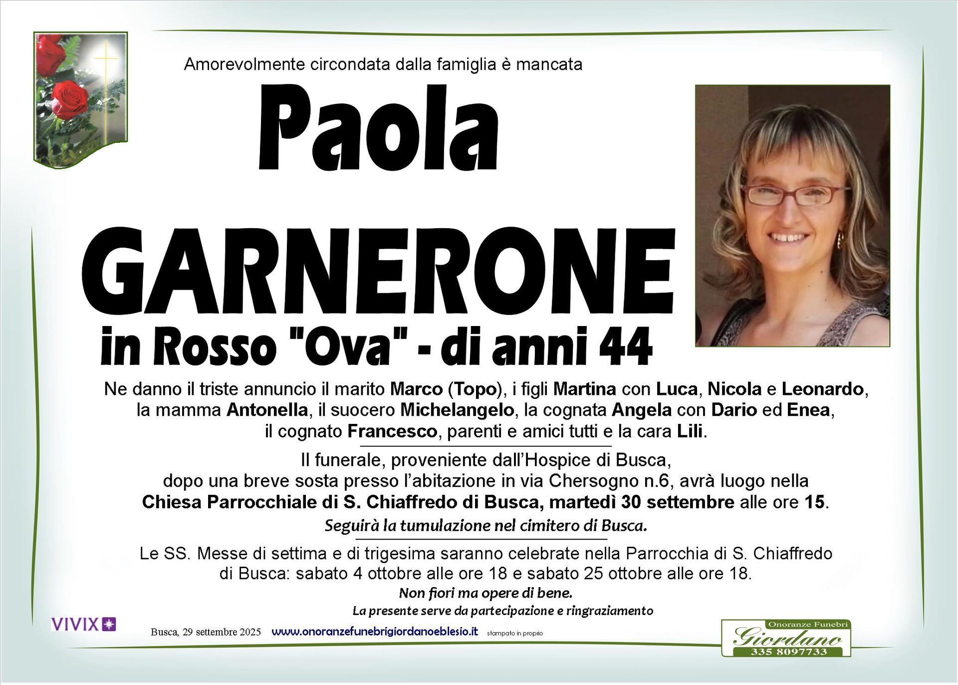 necrologio GARNERONE Paola in Rosso