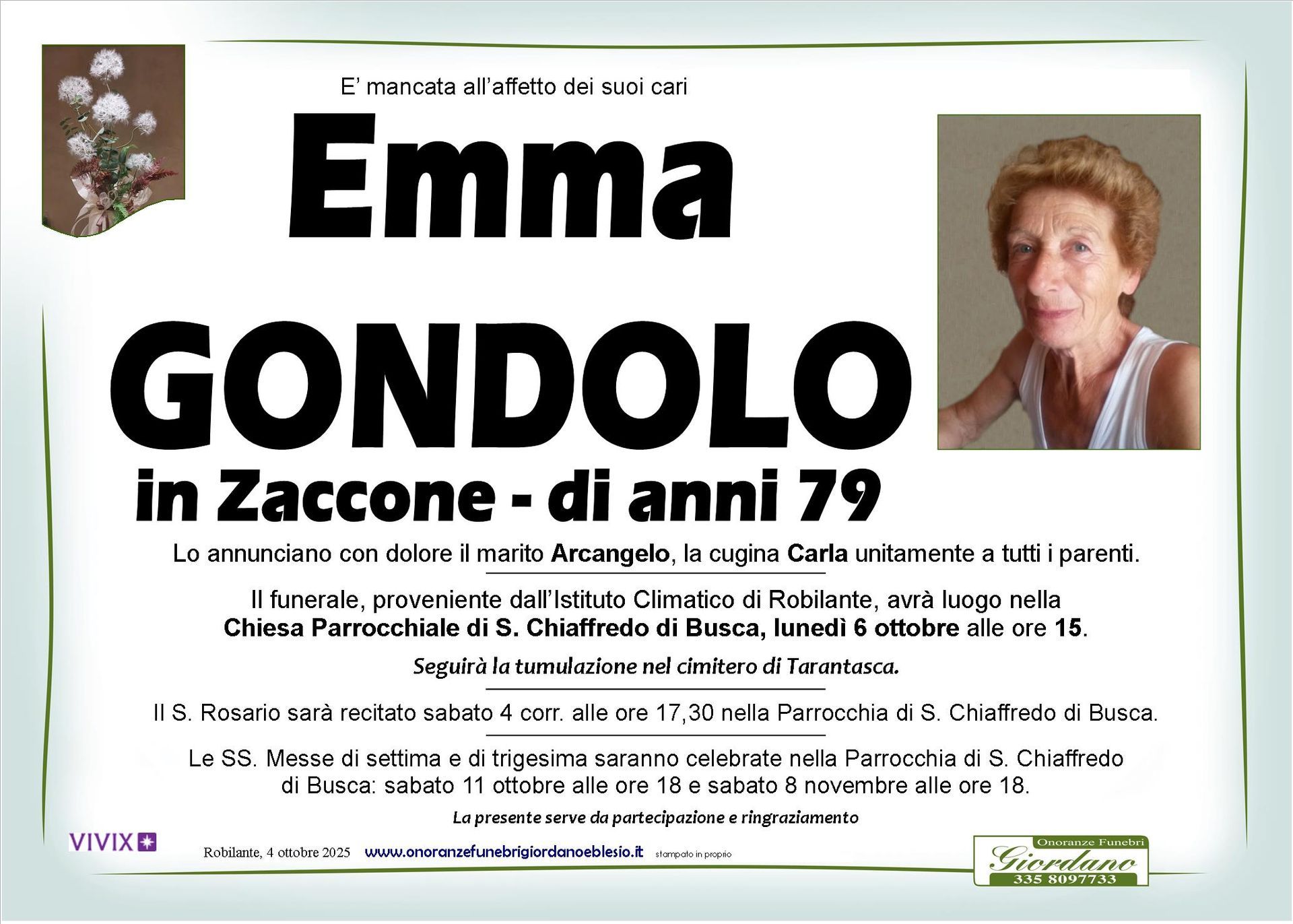 necrologio GONDOLO Emma in Zaccone