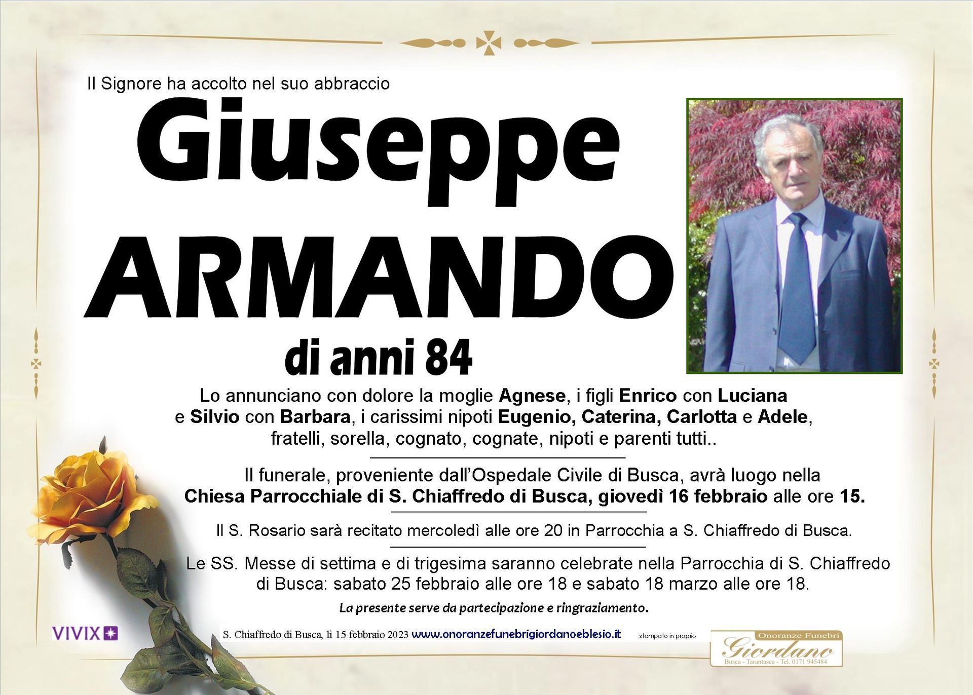 necrologio ARMANDO Giuseppe